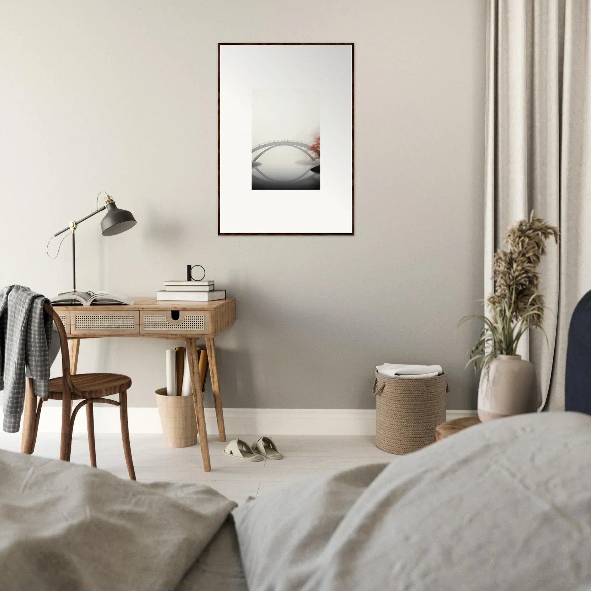 Minimalist bedroom with wooden desk, lamp, and framed wall art of Bridge Reflection