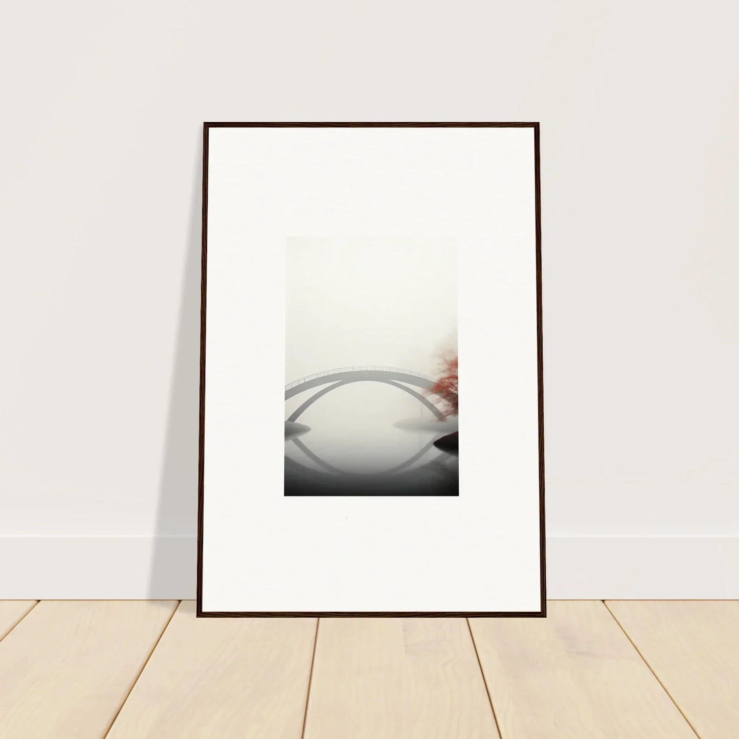 Framed wall art of a bridge reflection in a misty, minimalist setting for room decor