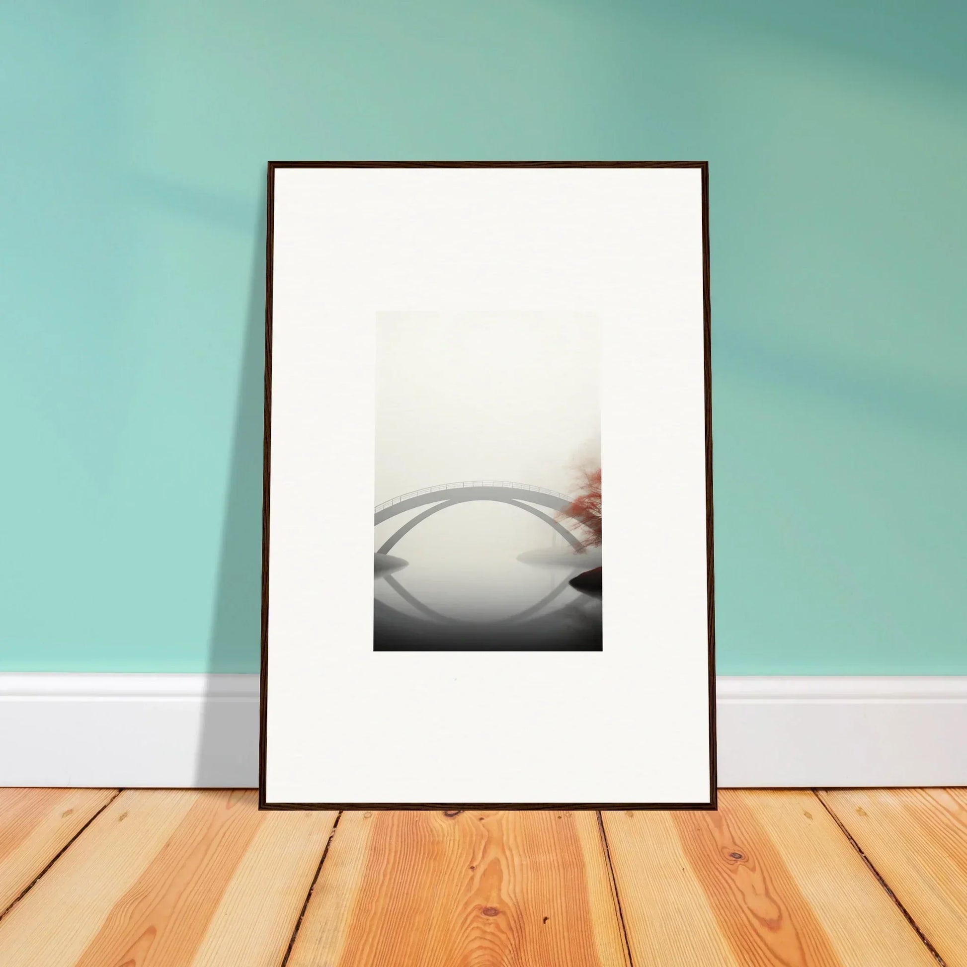 Framed wall art of Whispering Bridge Reflection enhances modern room decor