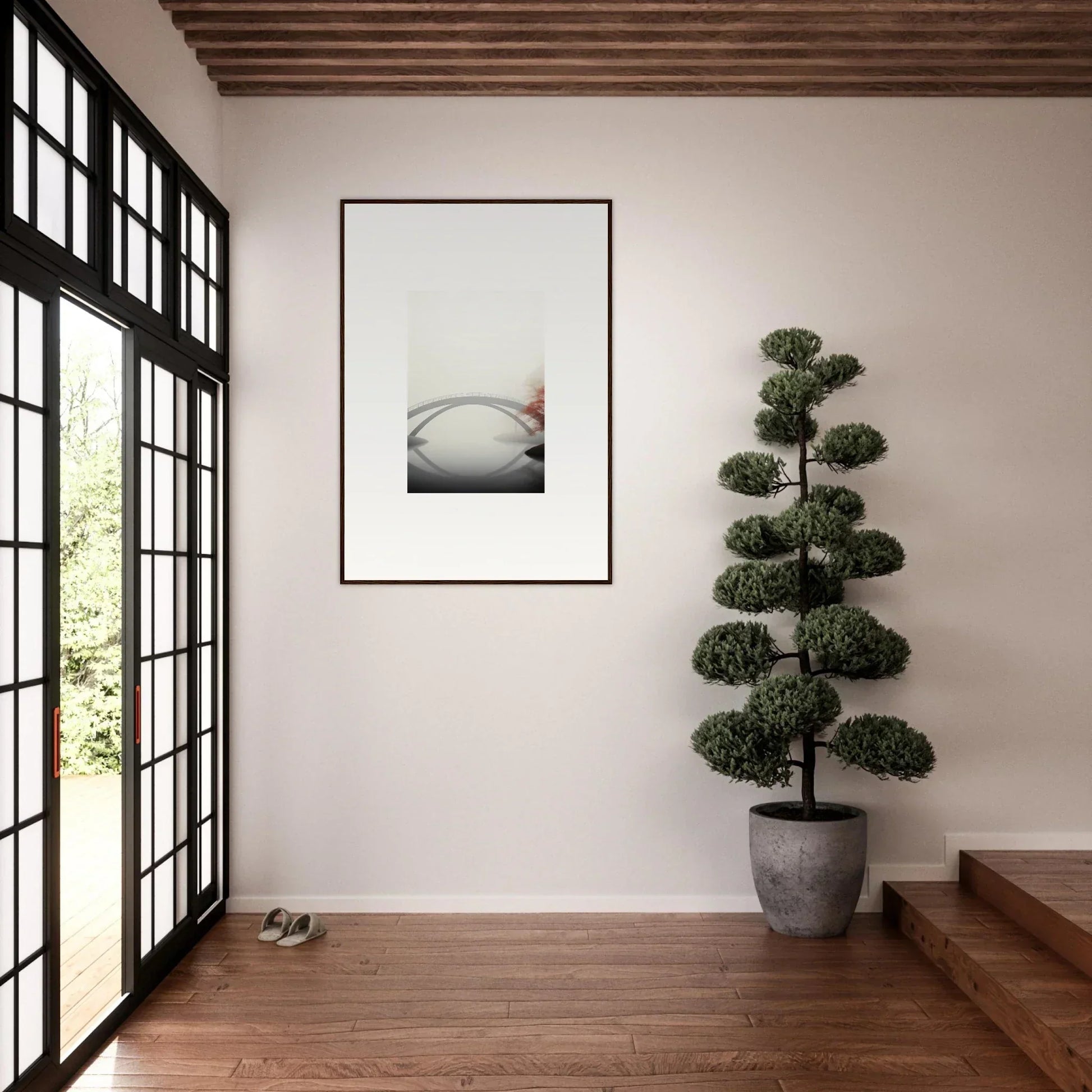 Minimalist interior with framed wall art and sculpted topiary for stylish room decor