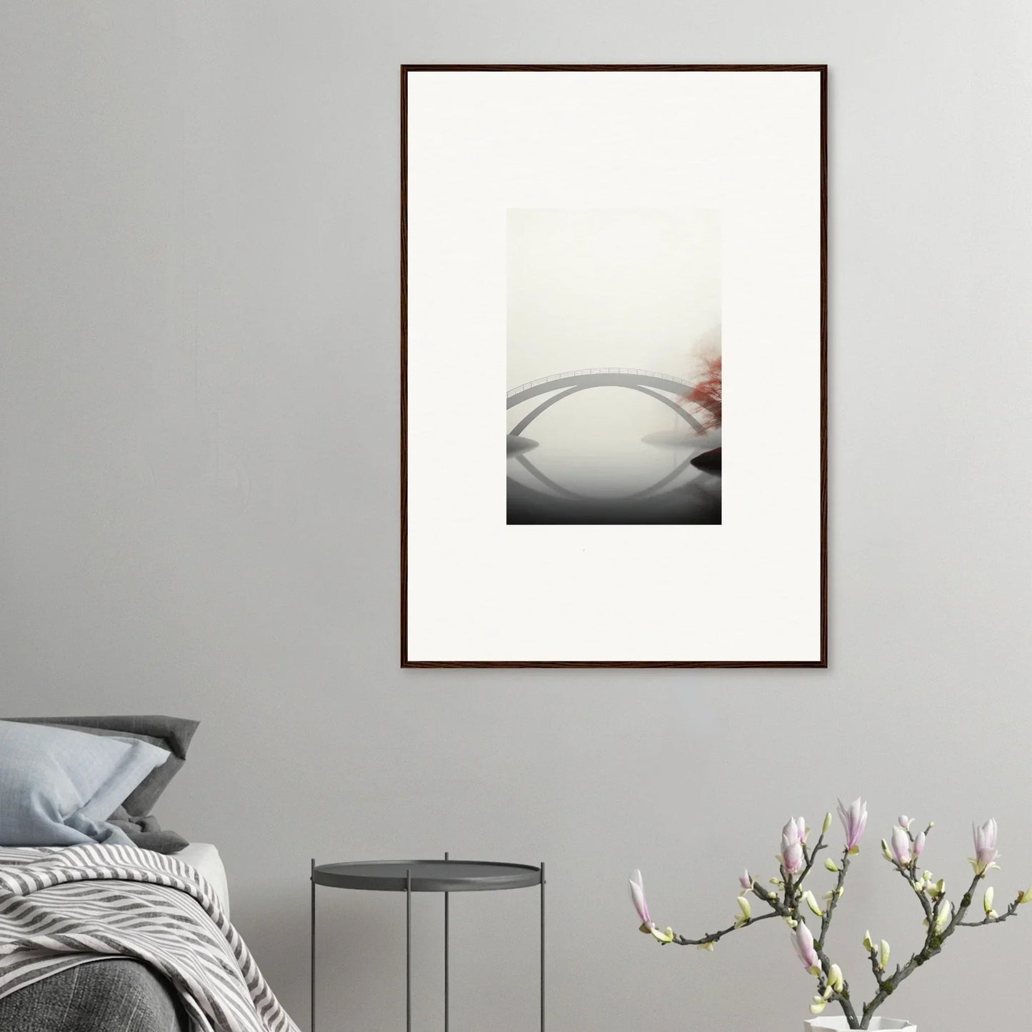 Framed wall art of a curved abstract shape for elegant room decor and bridge reflection