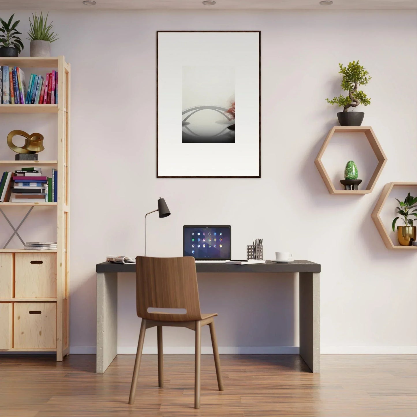 Minimalist home office with desk, chair, and Bridge Reflection framed wall art