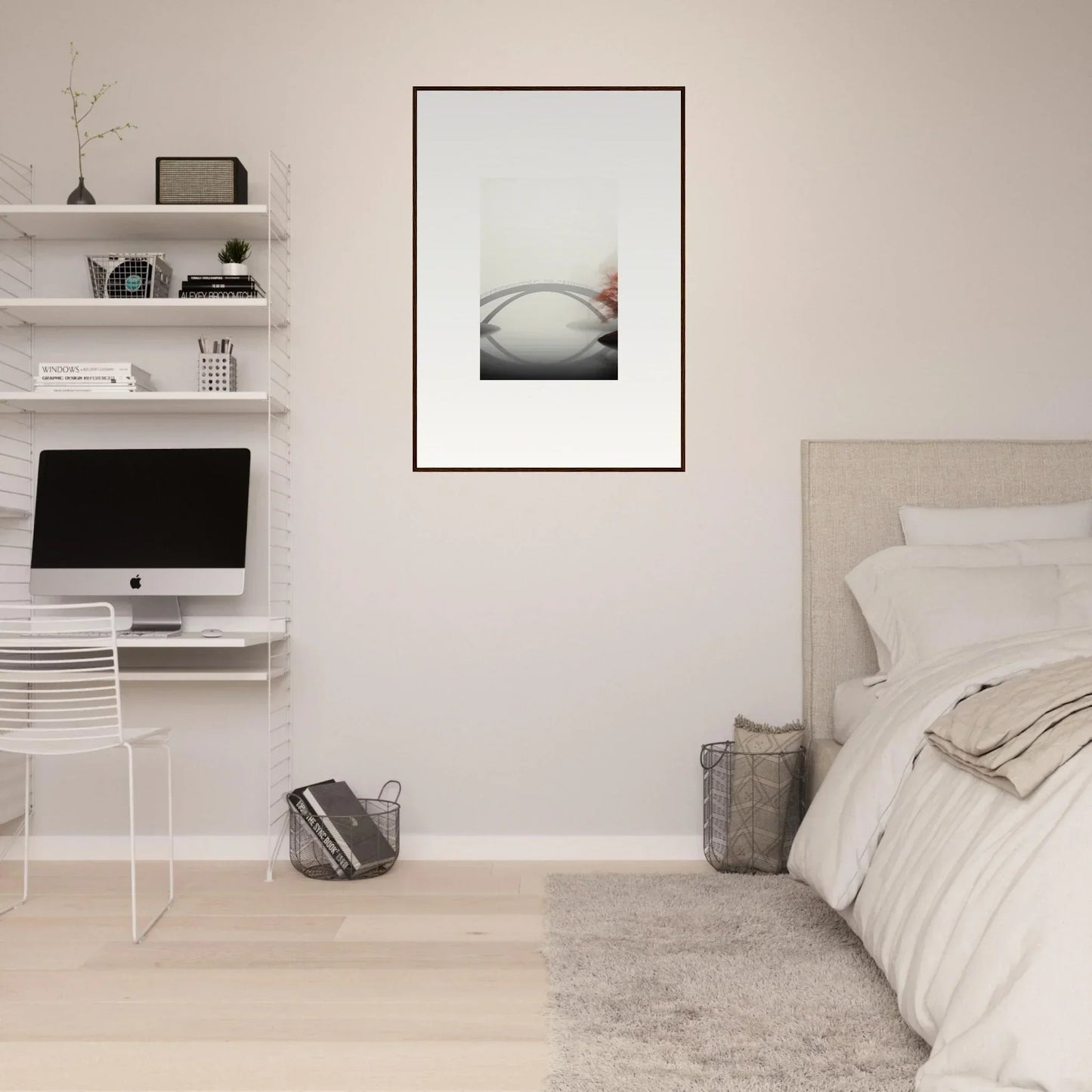 Minimalist bedroom with modern workspace and serene bridge reflection wall art design