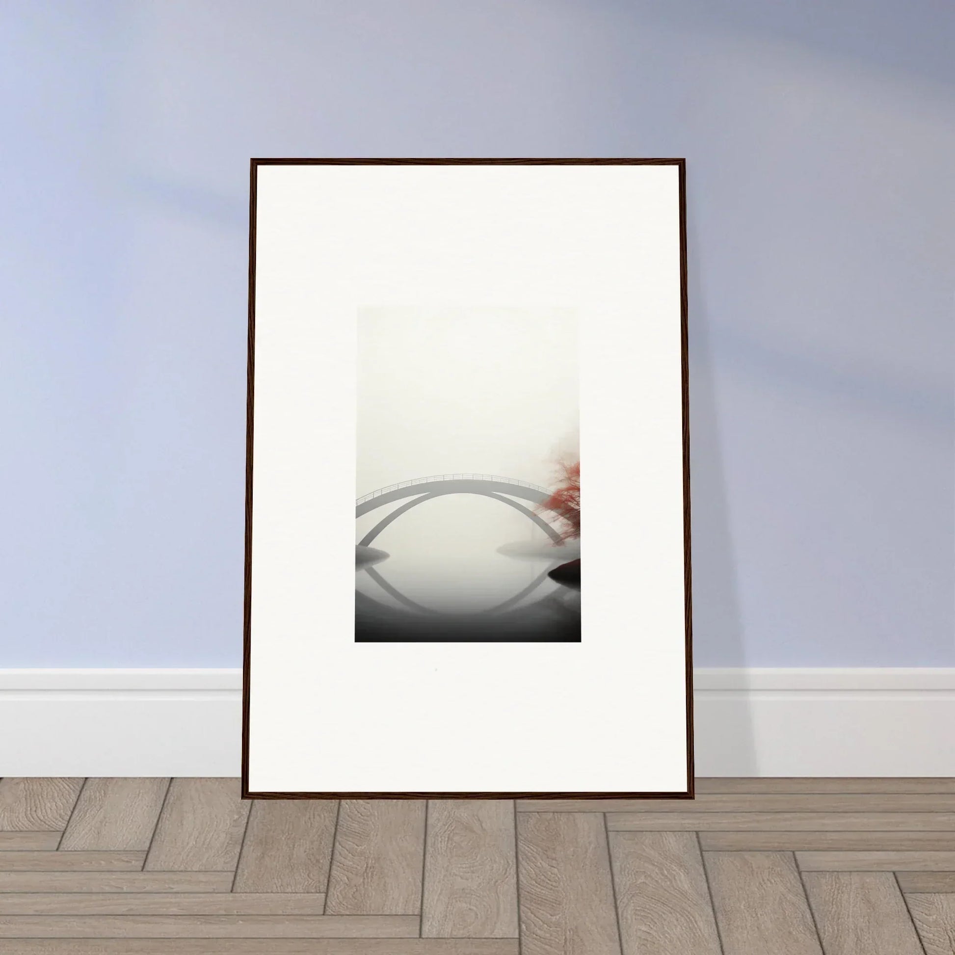 Framed minimalist wall art of a misty bridge reflection for stylish room decor