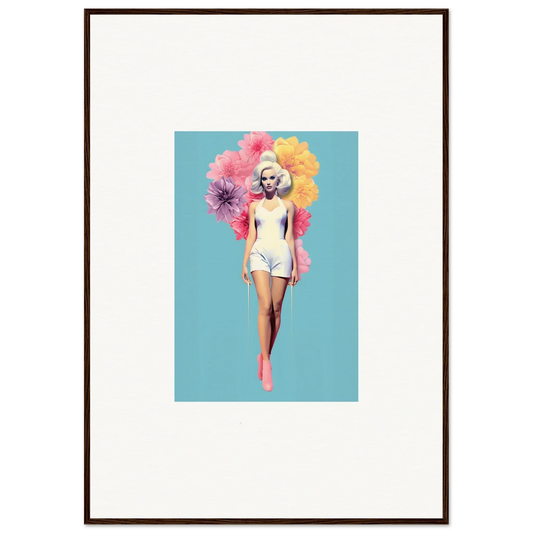 Framed wall art of a figure in white swimwear with colorful florals, Bubbling Radiant Essence