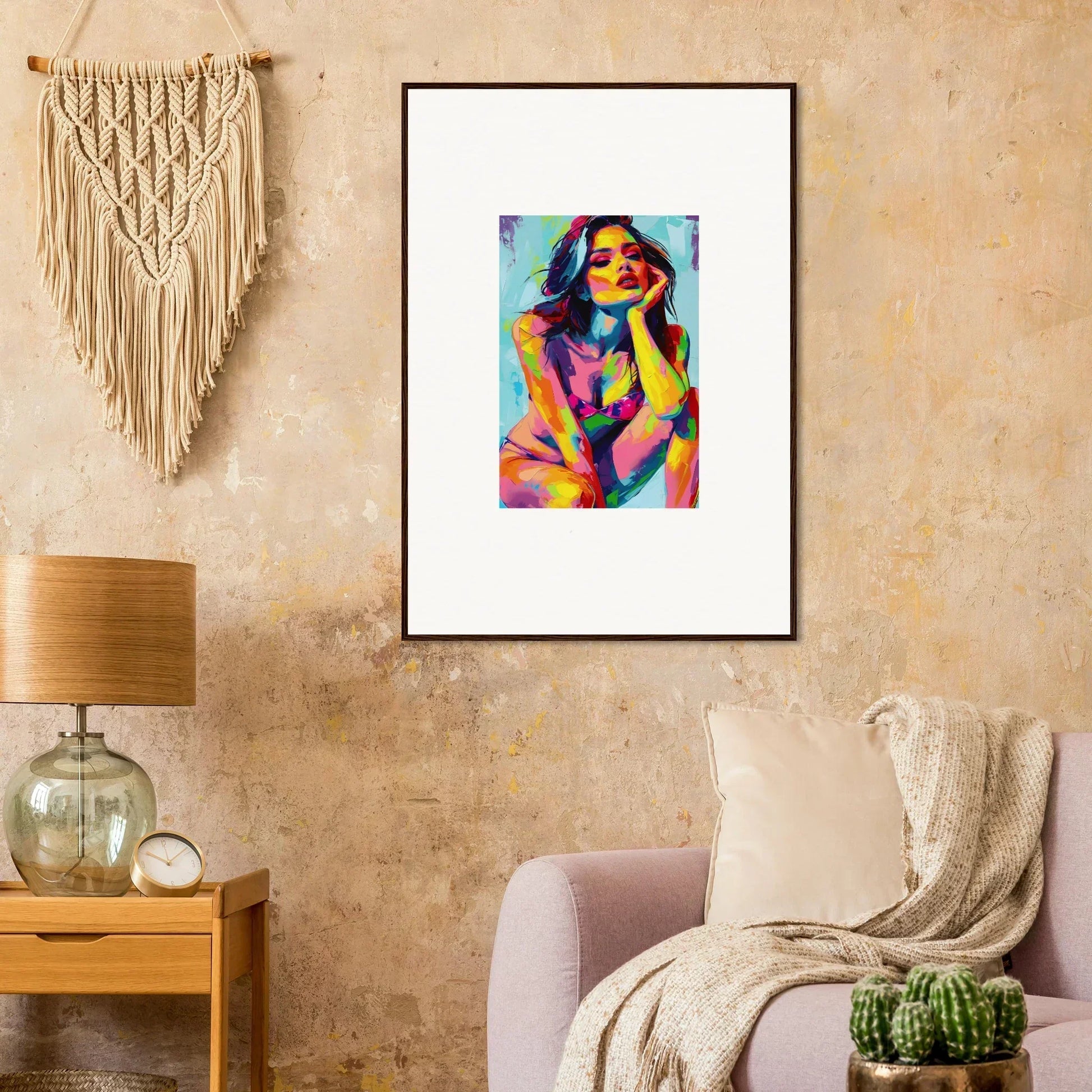 Framed wall art featuring a colorful abstract portrait for vibrant room decor