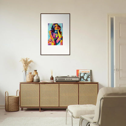 Colorful abstract painting of a nude figure in a white frame for Ecliptic Yearning Room Decor