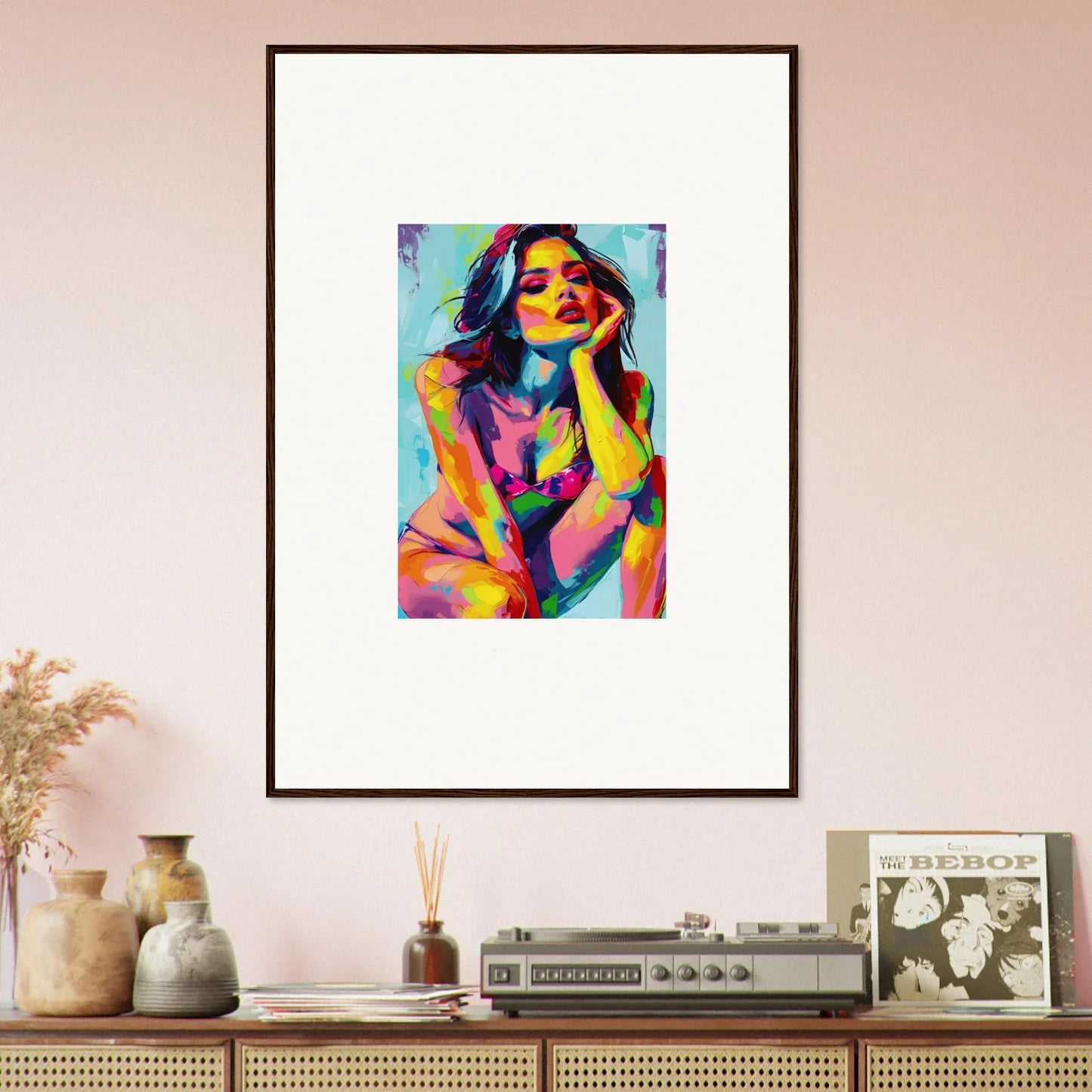 Framed wall art of a woman in vibrant abstract style for room decor, Ecliptic Yearning