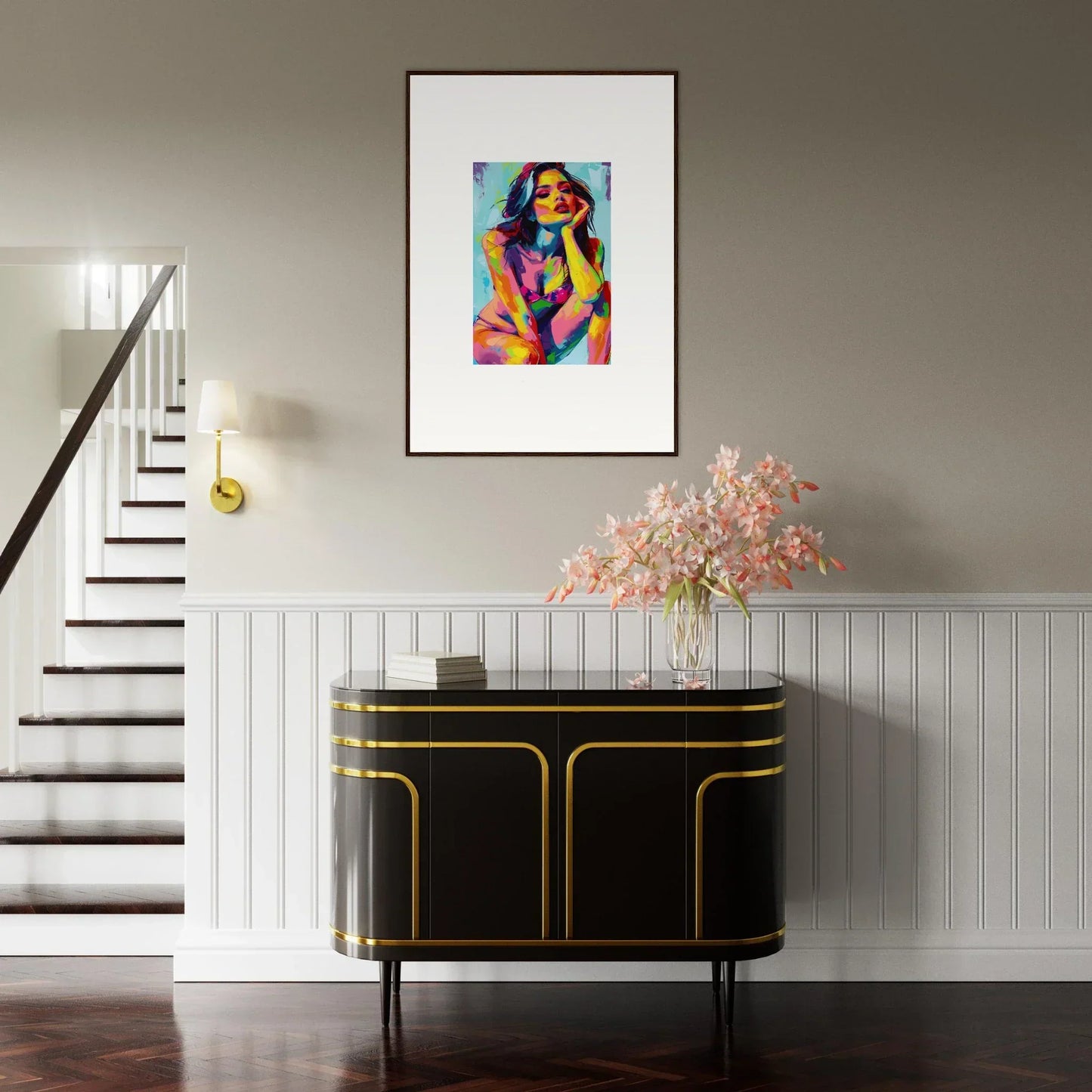 Colorful abstract portrait in a wooden frame for ecliptic yearning room decor