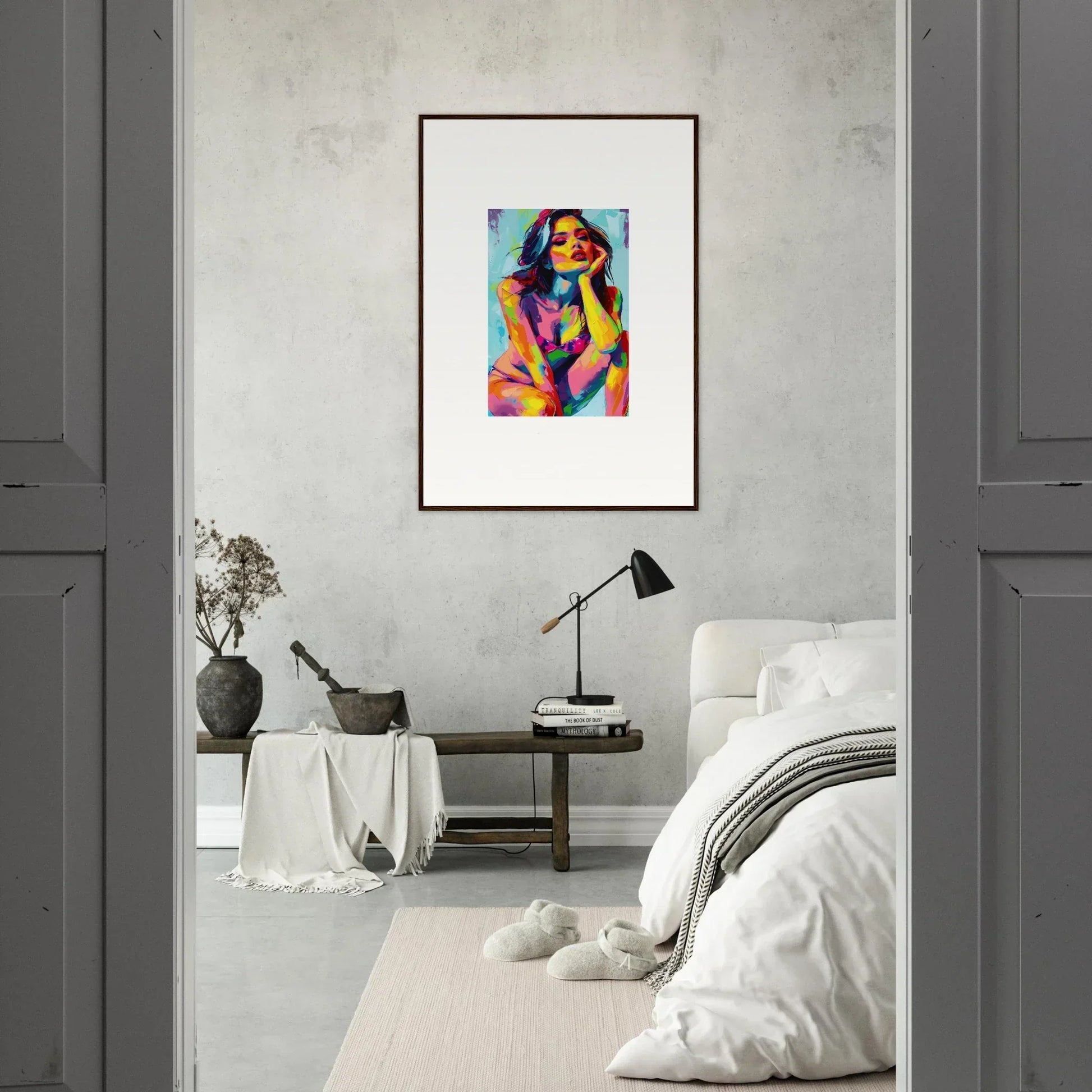 Colorful abstract portrait painting in wooden frame for unique room decor and ecliptic yearning