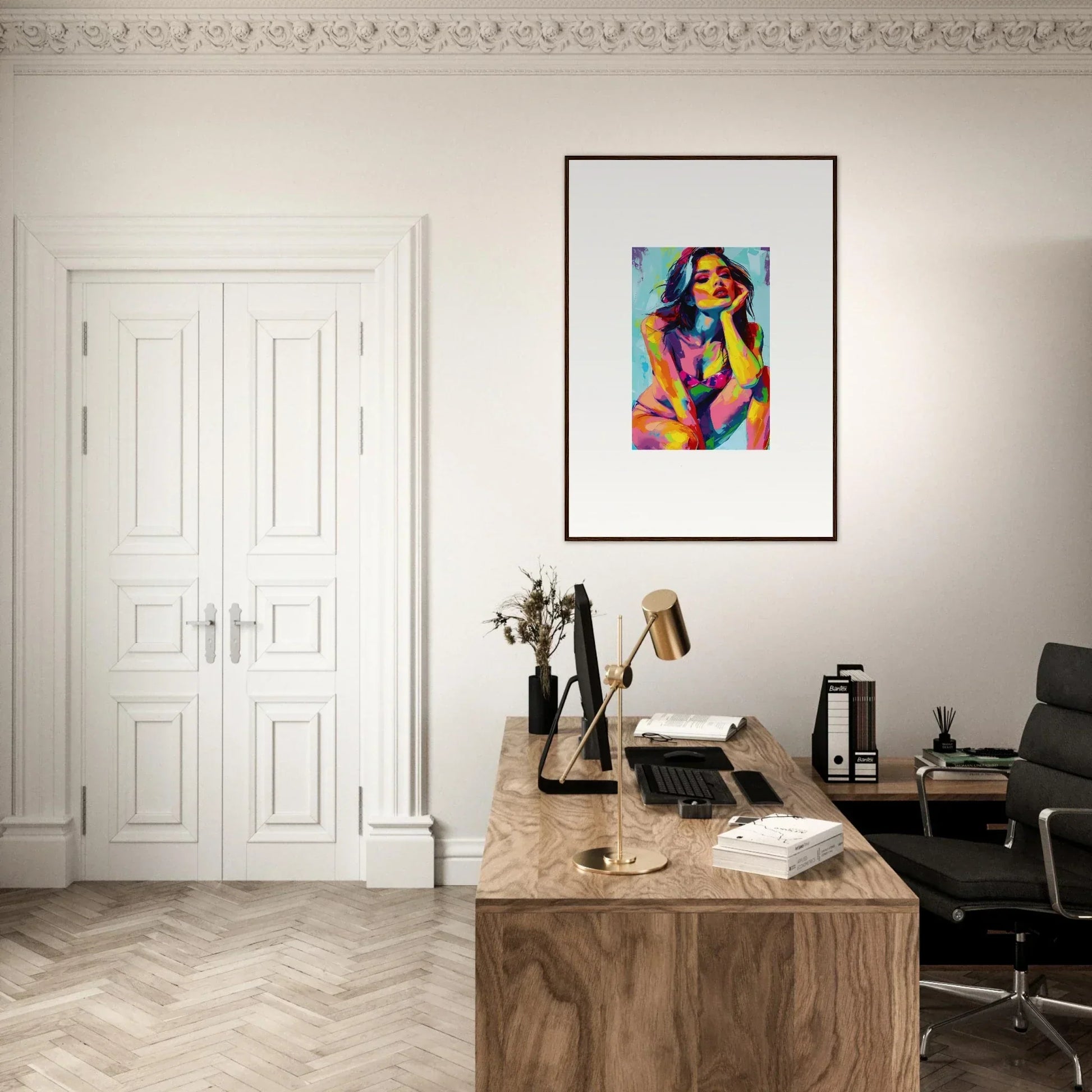 Stylish home office with wooden desk and framed wall art, Ecliptic Yearning decor