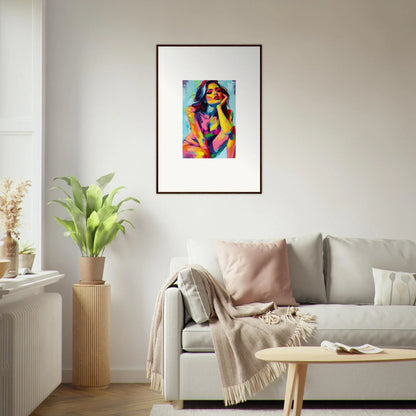 Colorful abstract portrait painting in wooden frame for stylish room decor and ecliptic yearning