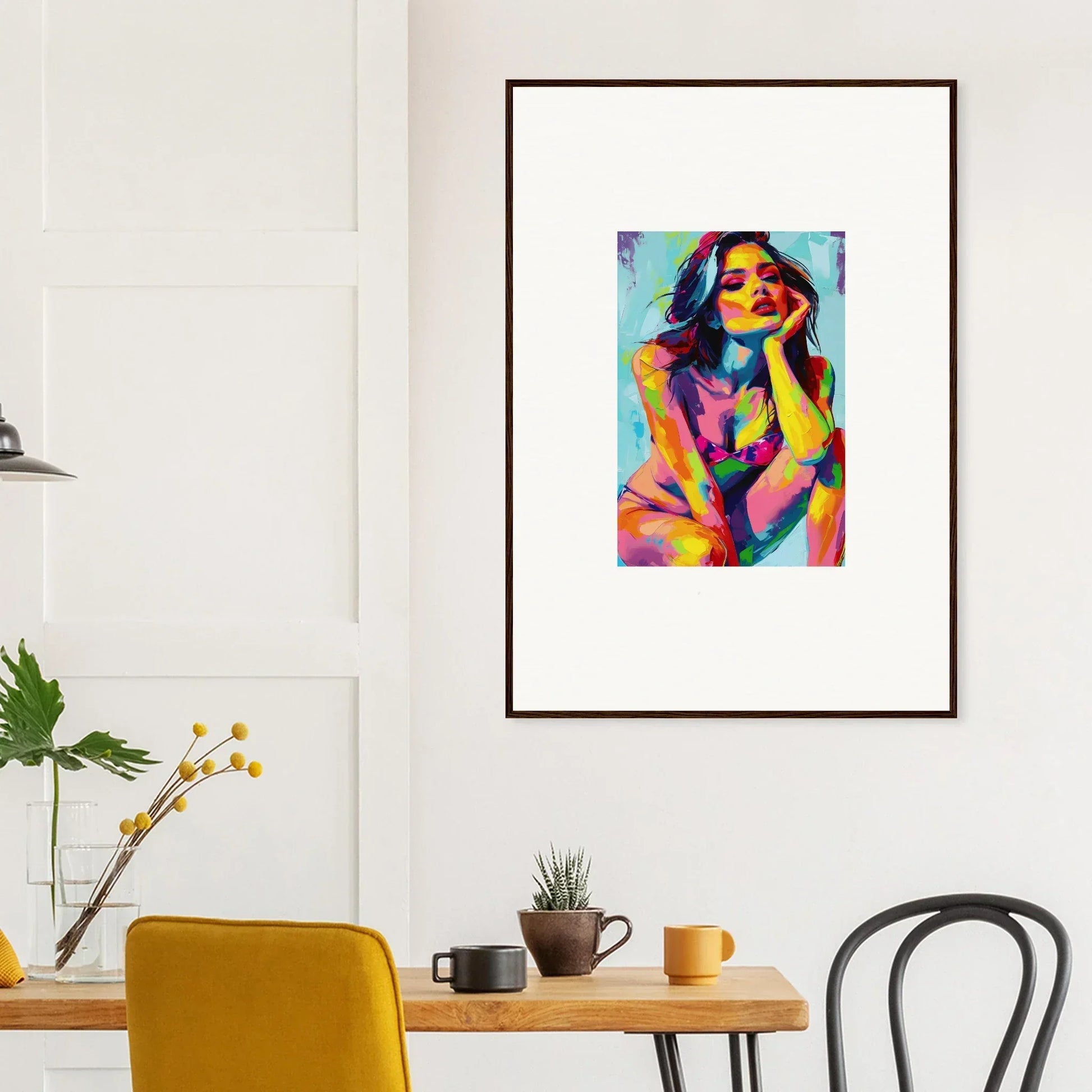 Framed wall art of a colorful abstract woman, perfect for ecliptic yearning room decor