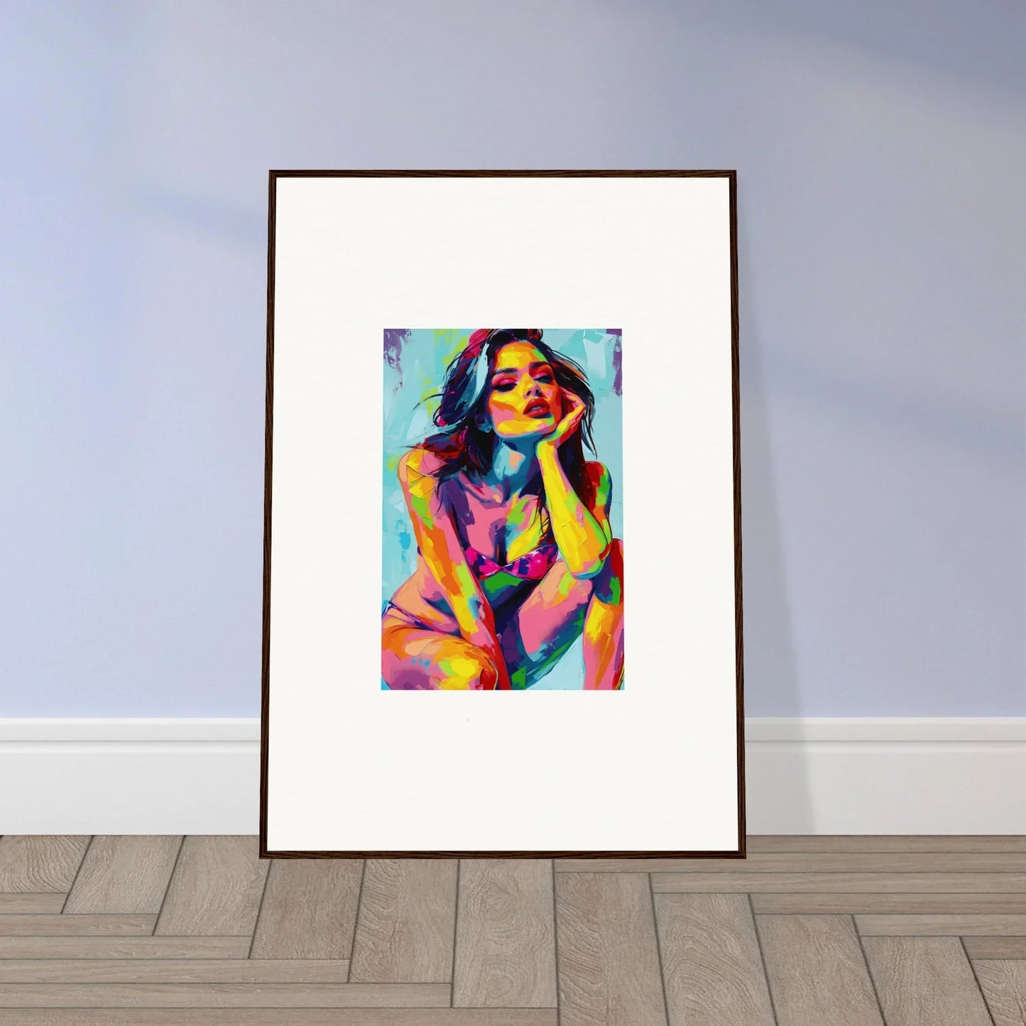 Framed wall art of a colorful abstract portrait titled Ecliptic Yearning for room decor