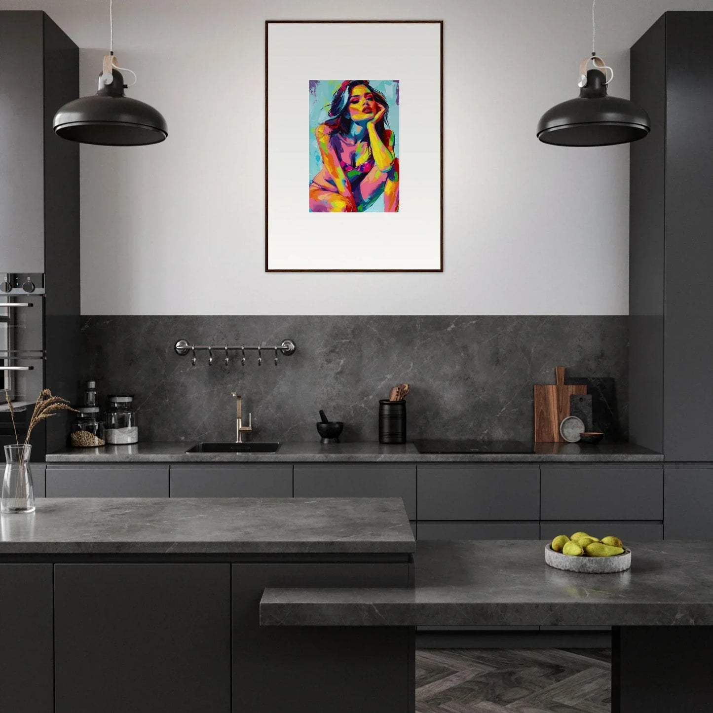 Modern kitchen featuring vibrant framed wall art, Ecliptic Yearning, as focal point