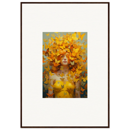 Framed wall art of a figure with yellow butterflies for vibrant mindscape symphony room decor