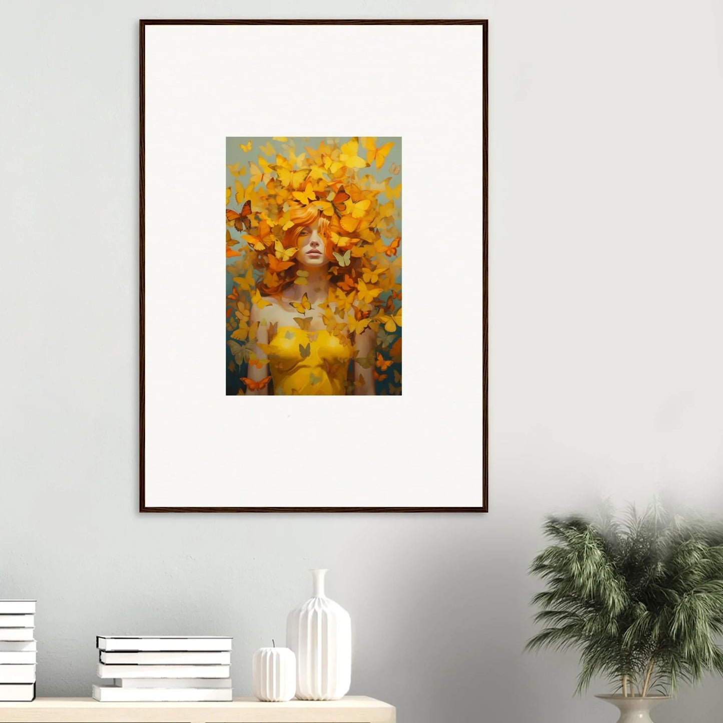 Framed wall art of a figure with autumn leaves hair for vibrant room decor