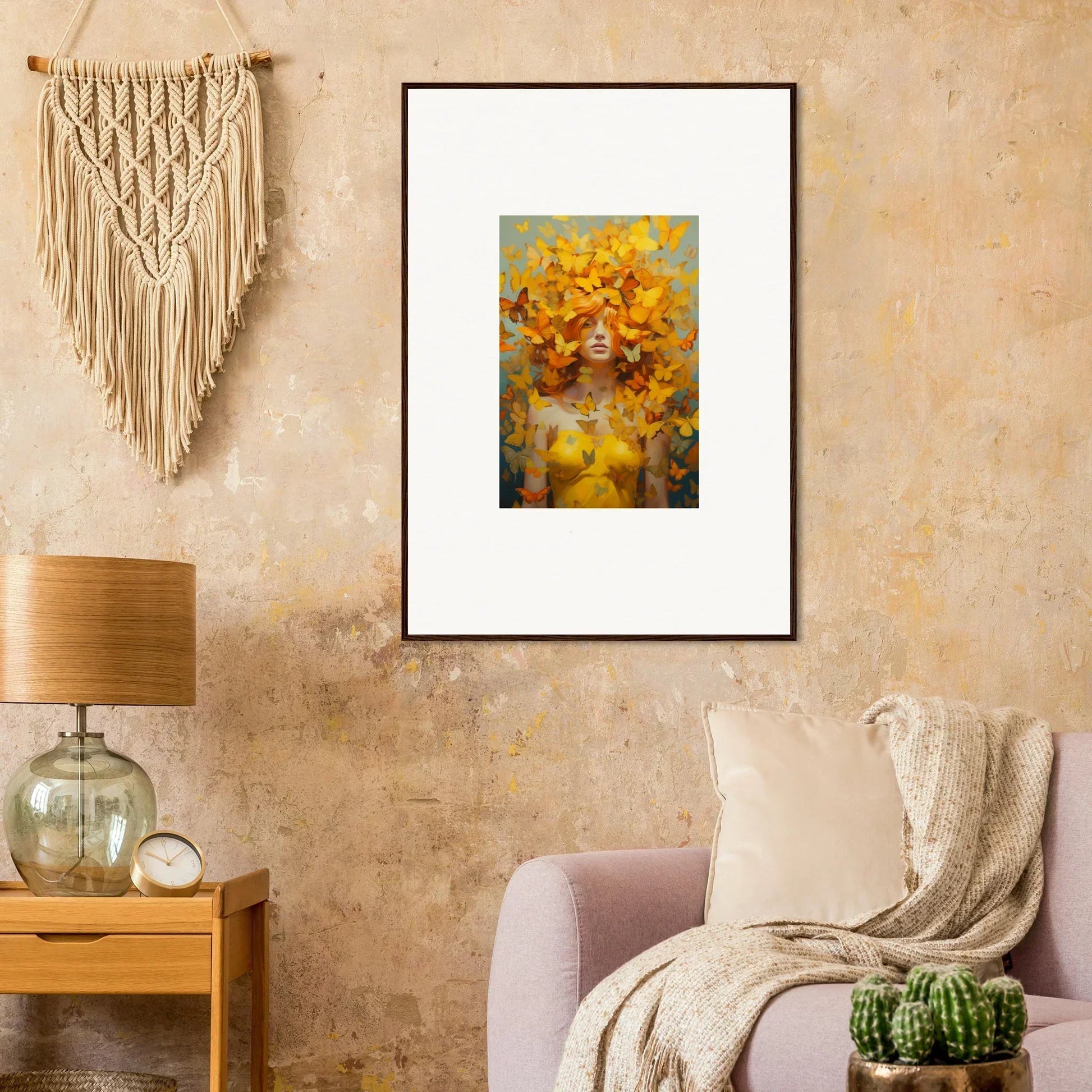 Framed abstractButterfly Mindscape Symphony painting with vibrant yellow and orange tones