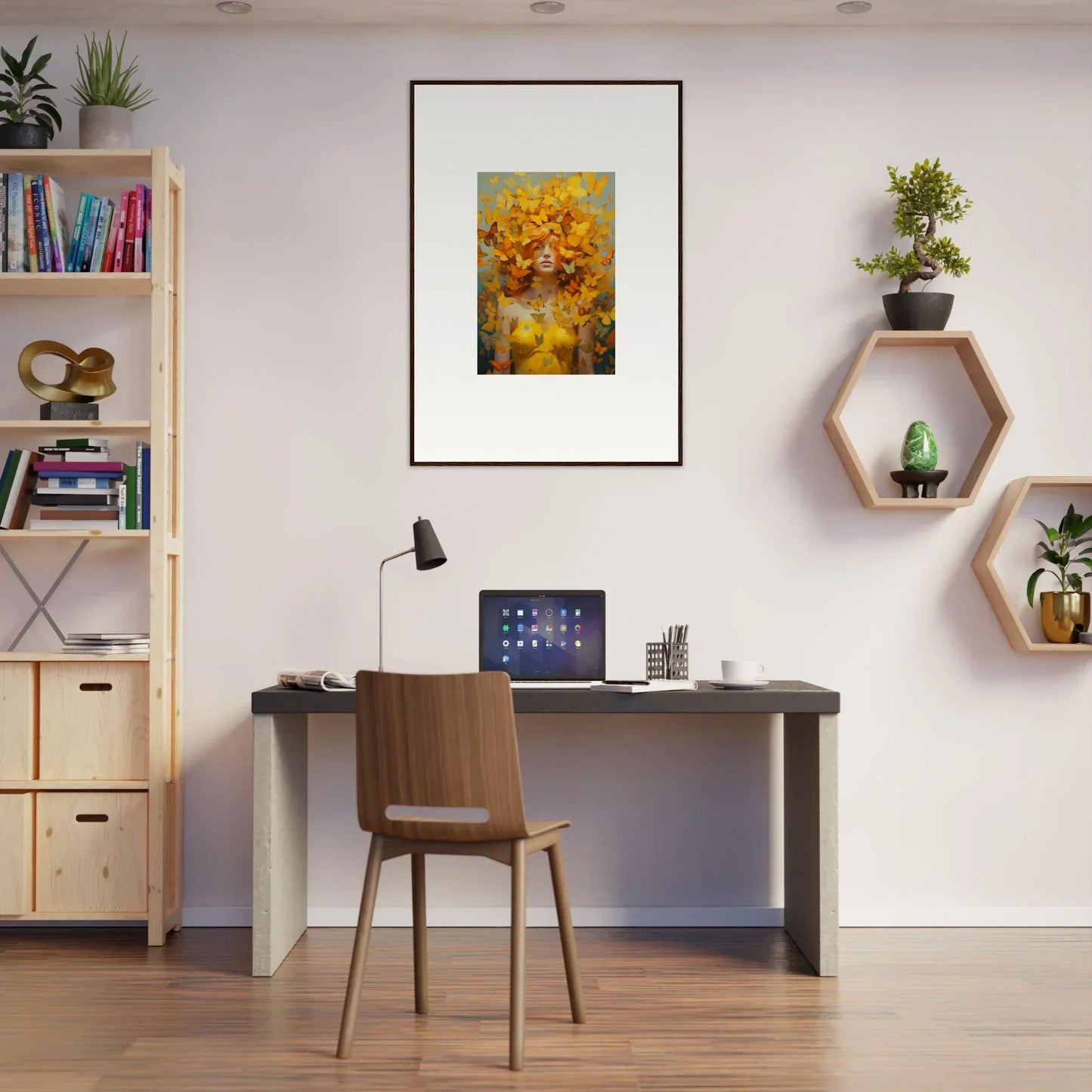 Home office workspace with desk, chair, bookshelf, and Mindscape Symphony wall art