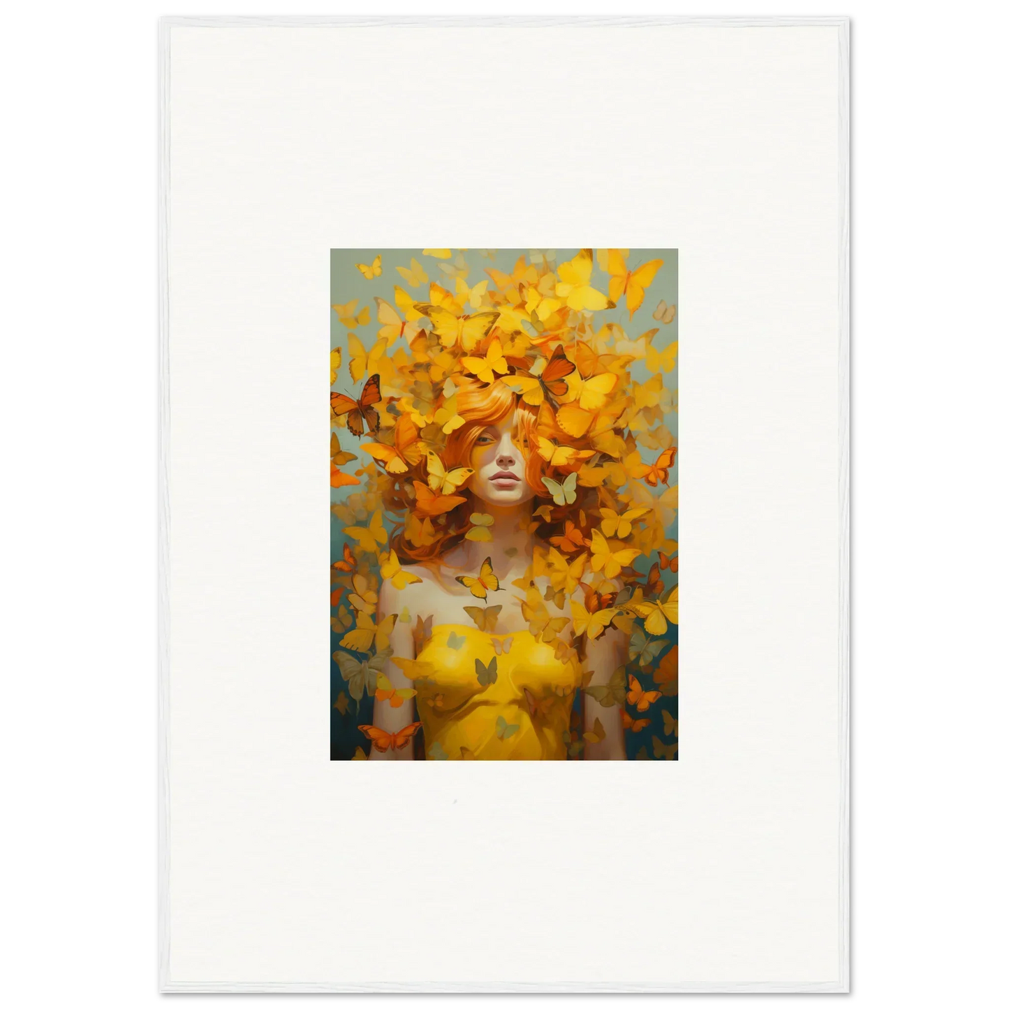 Surrealist painting of a figure with golden butterflies for Mindscape Symphony room decor