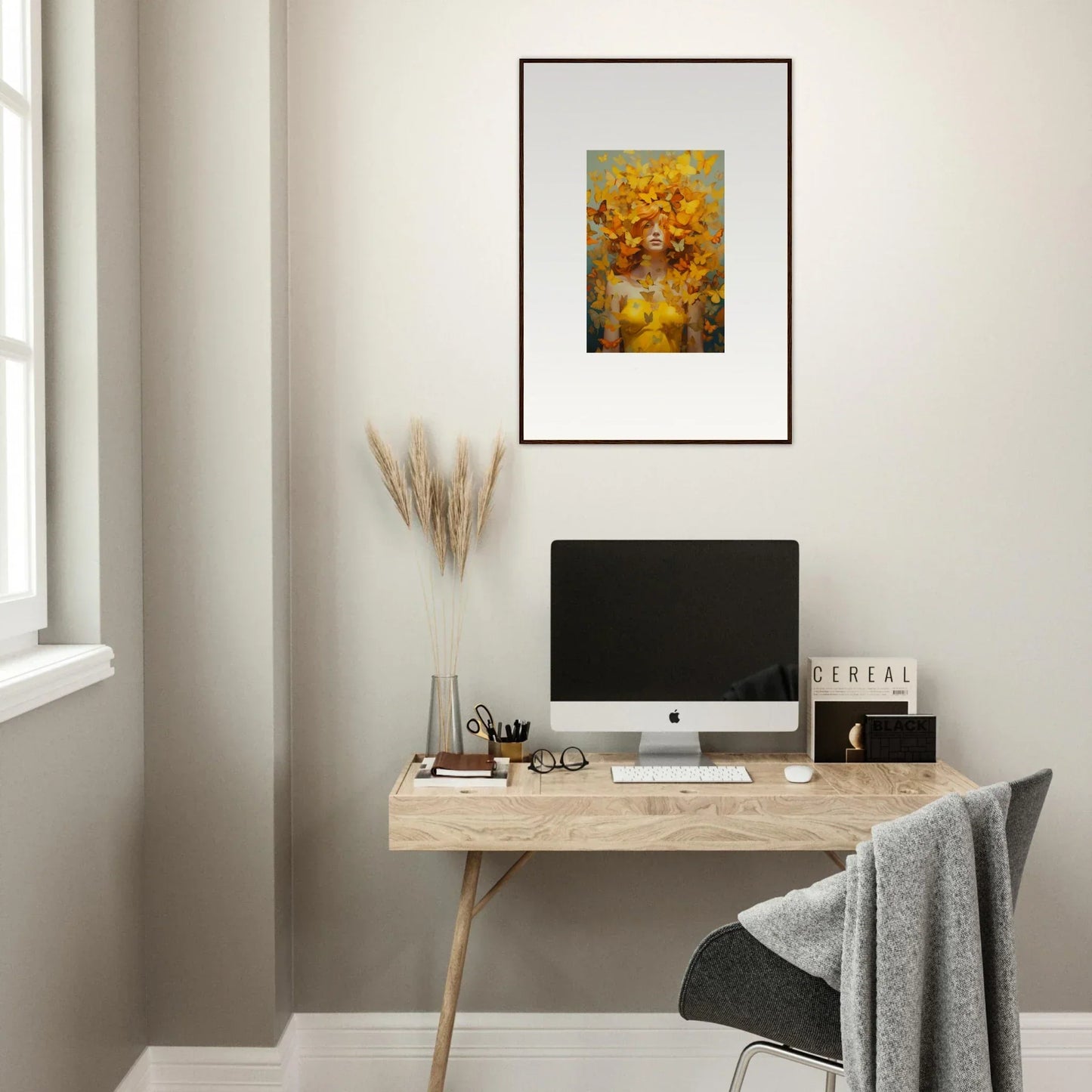 Minimalist wooden desk with computer, framed wall art, perfect for room decor and Mindscape Symphony