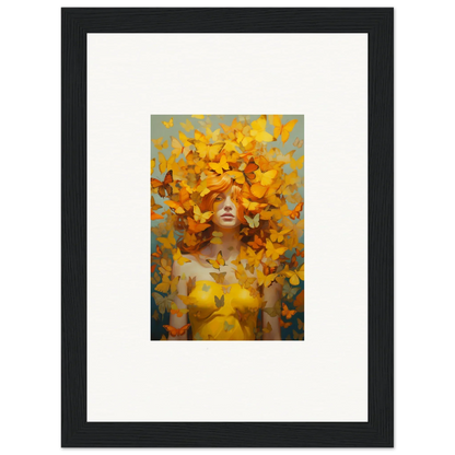 Framed wall art of a figure among vibrant yellow butterflies in Mindscape Symphony