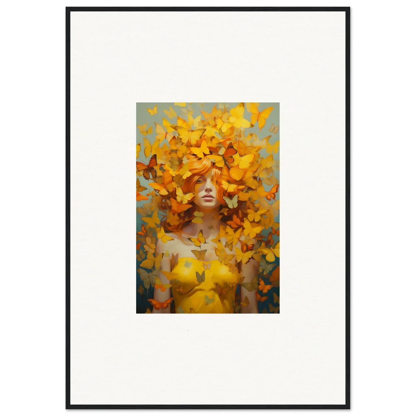 Framed wall art of a figure with yellow butterflies, ideal for Mindscape Symphony room decor