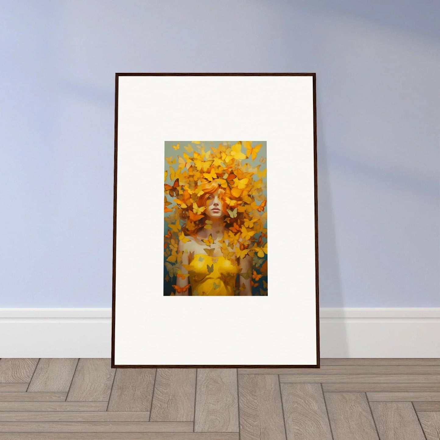 Framed wall art of a figure in vibrant yellow and orange for mindscape symphony decor