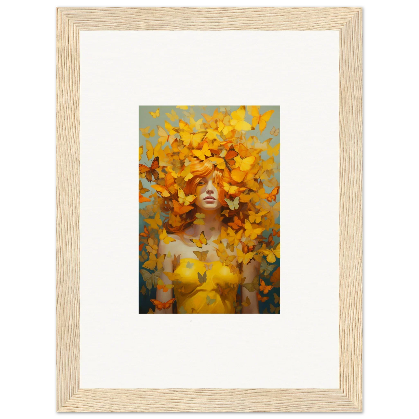 Framed wall art of a figure with yellow butterflies for vibrant mindscape symphony room decor