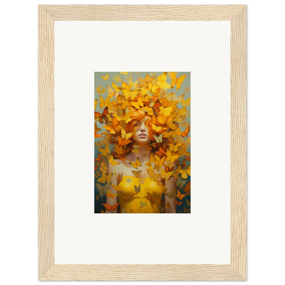 Framed wall art of a figure with yellow butterflies for vibrant mindscape symphony room decor