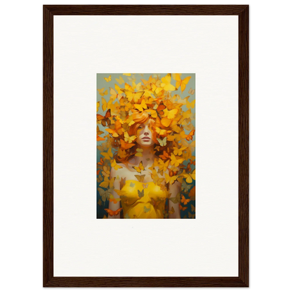 Framed wall art of a figure with vibrant yellow butterflies for stunning room decor