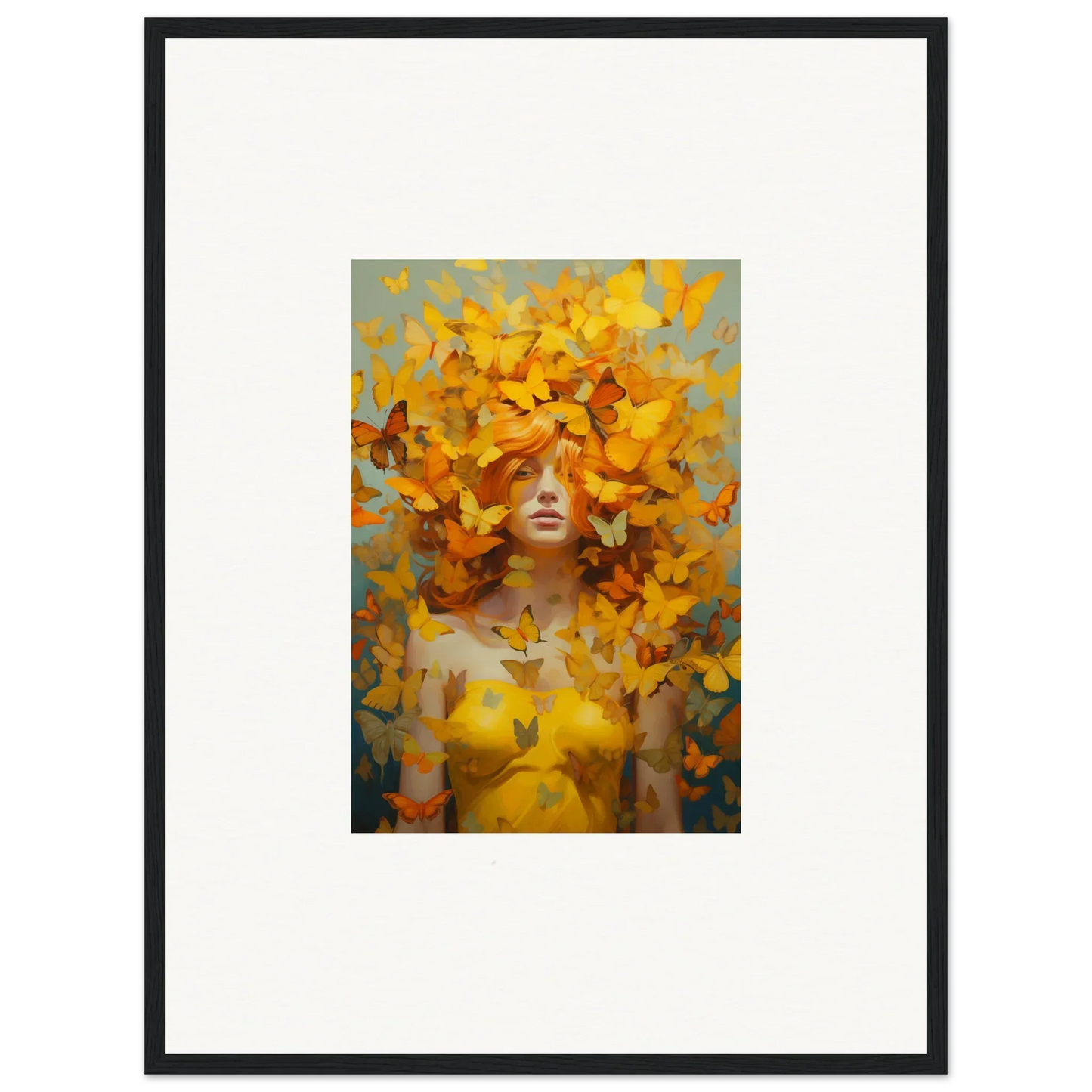 Surrealist painting of a figure with golden butterflies for Butterfly Mindscape Symphony room decor