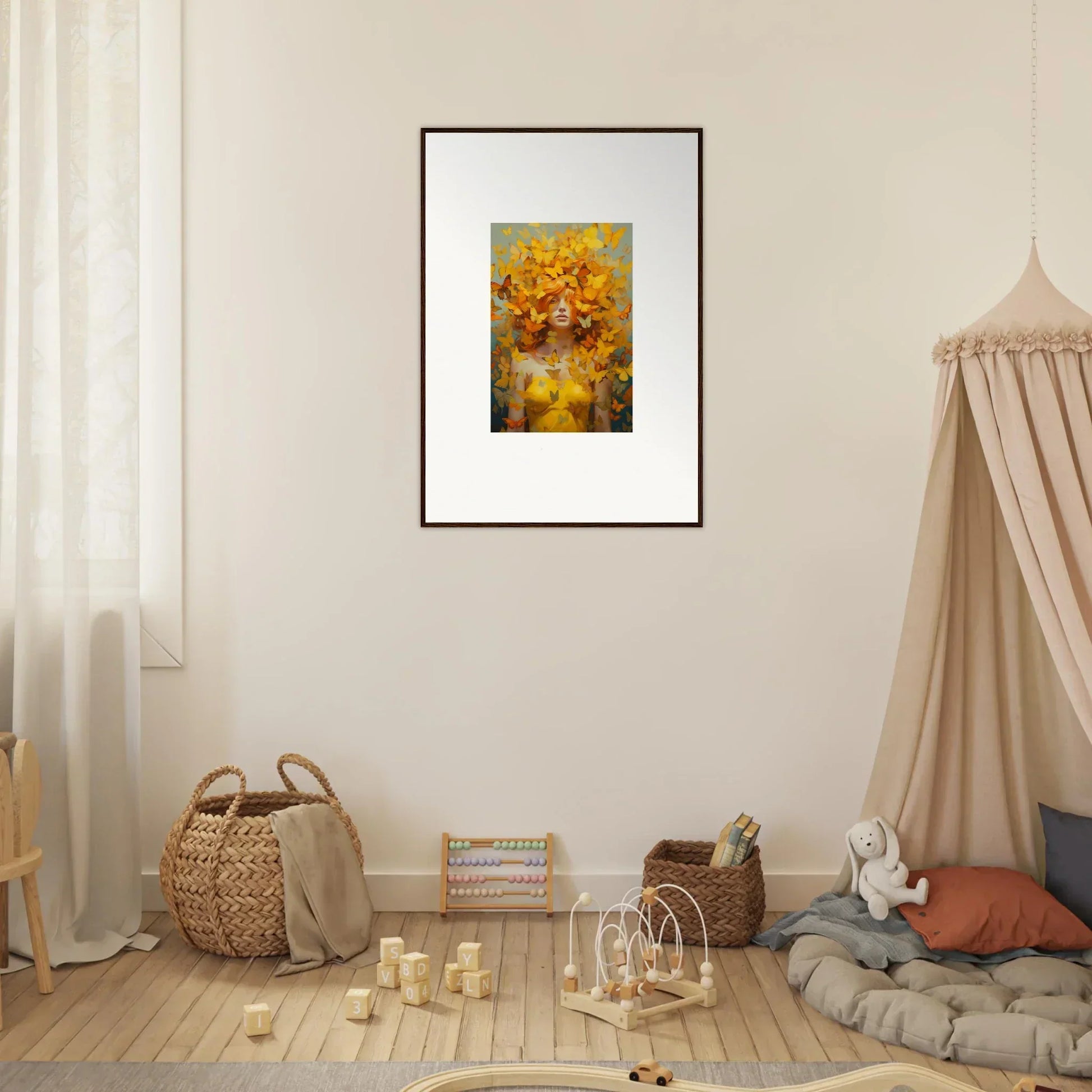 Framed wall art of a figure with a crown of yellow flowers for mindscape symphony room decor