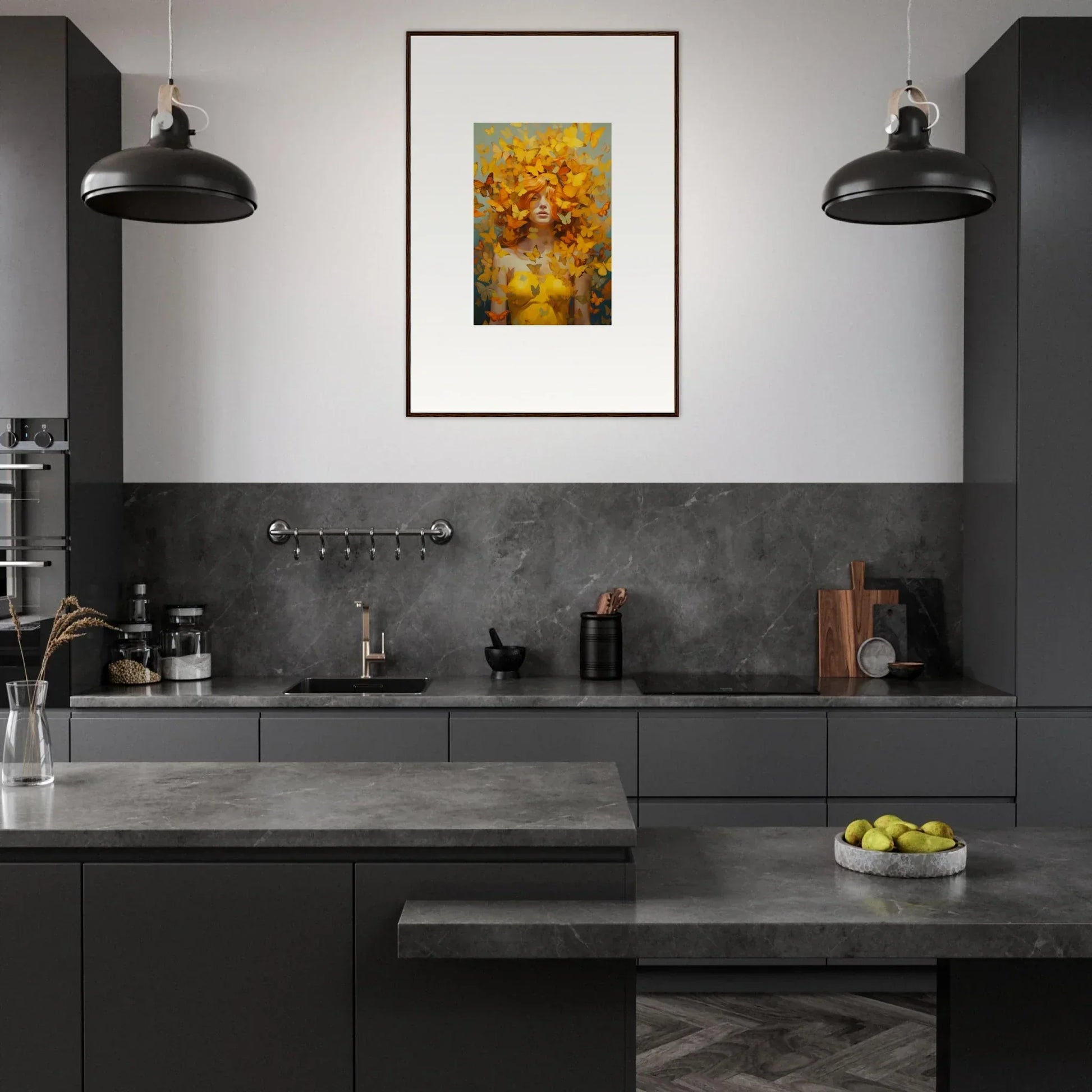 Modern kitchen showcasing dark cabinetry, concrete countertops, and framed wall art