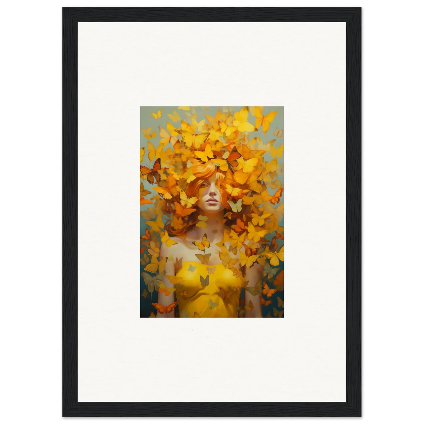 Painting of a figure surrounded by vibrant yellow butterflies, perfect for room decor