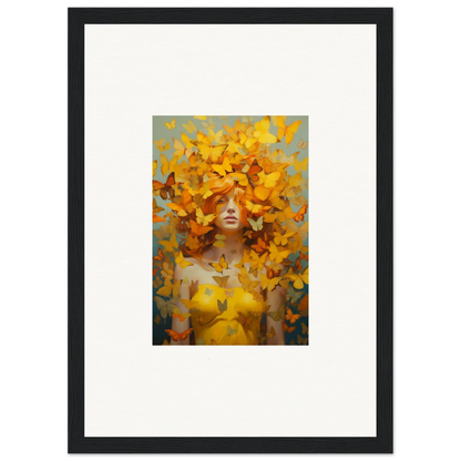 Painting of a figure surrounded by vibrant yellow butterflies, perfect for room decor