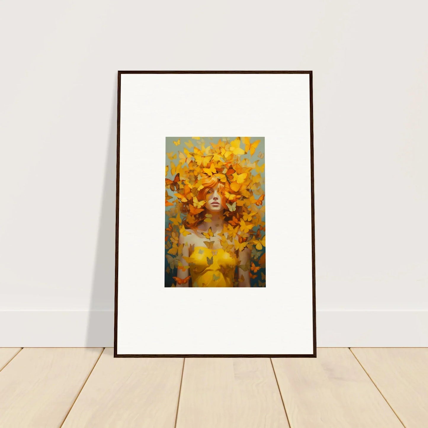 Framed wall art of a figure with yellow and orange leaves in Mindscape Symphony design