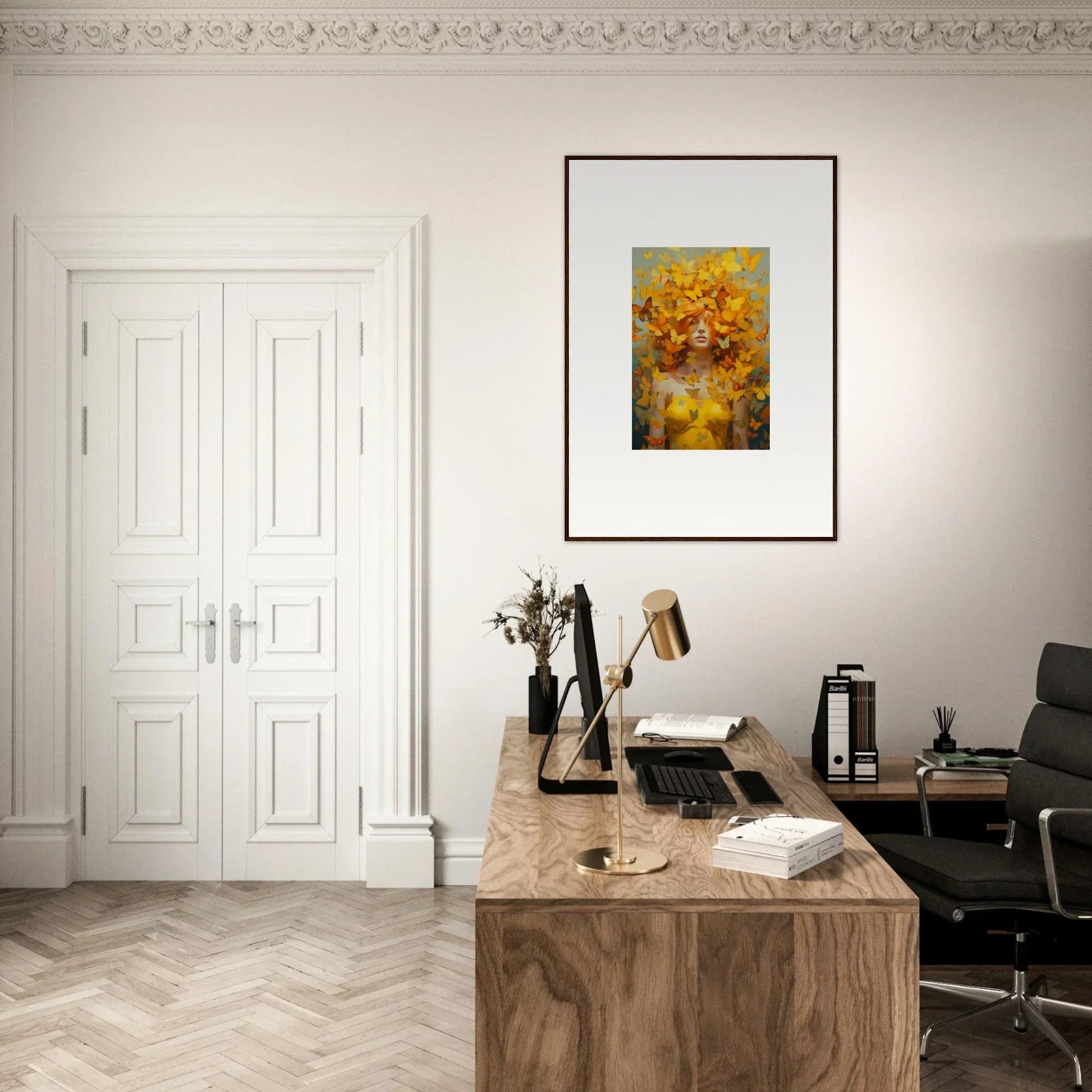 Wooden desk with typewriter and books as minimalist mindscape symphony room decor