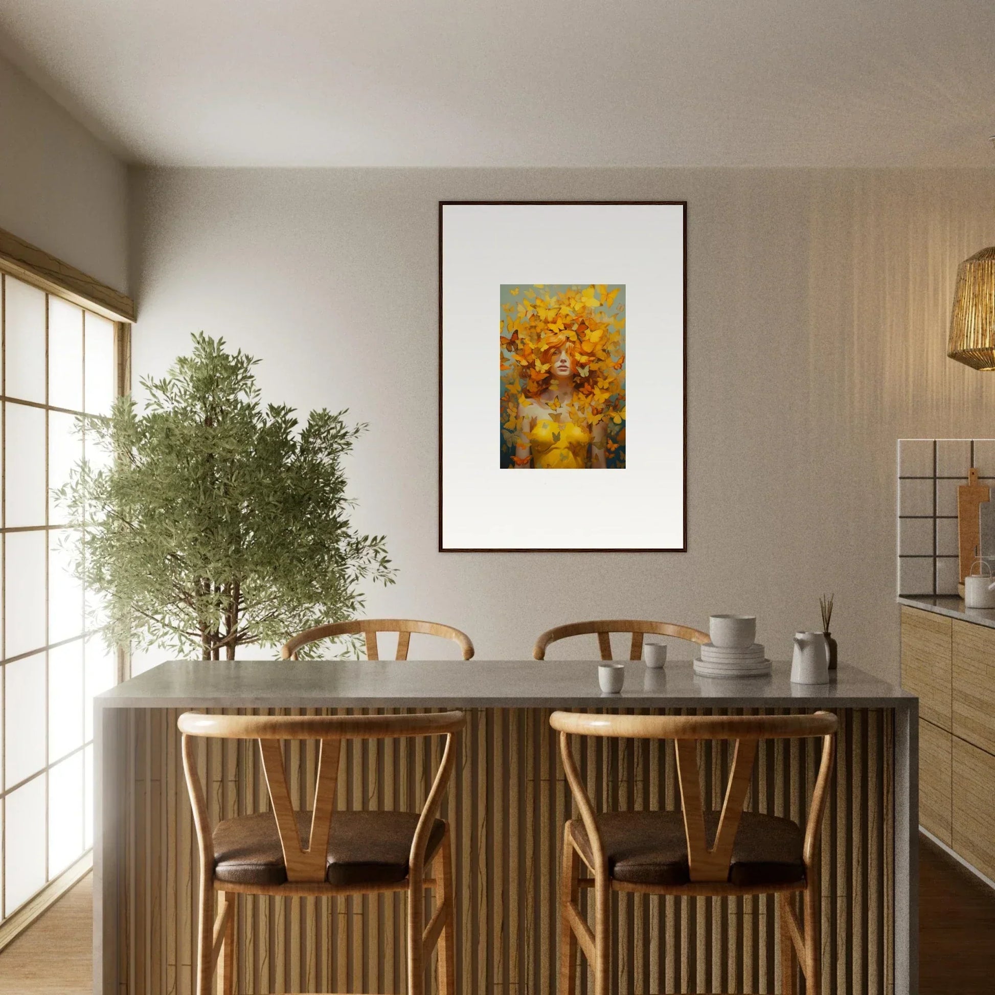 Dining area featuring mindscape symphony decor with framed wall art and potted plant