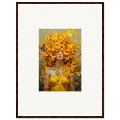 Framed wall art of a figure with vibrant yellow butterflies for Mindscape Symphony room decor