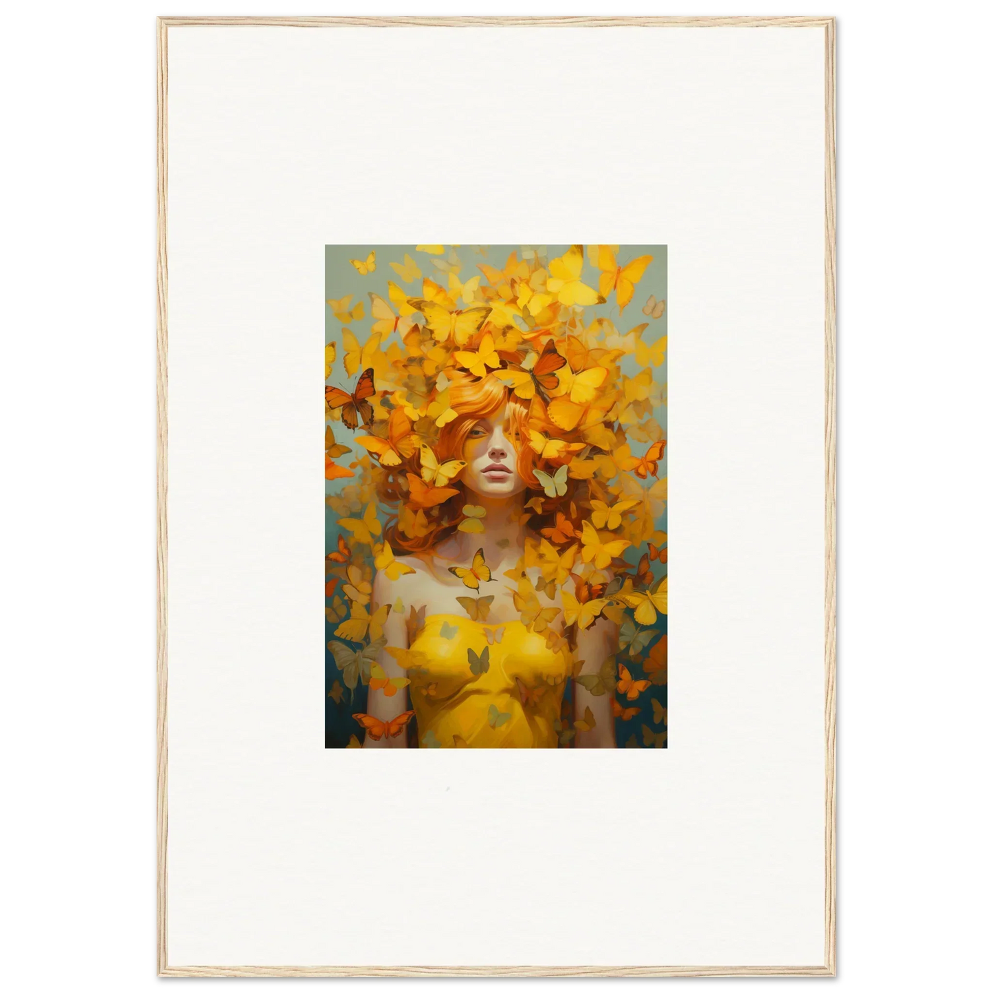 Surrealist painting of a figure with yellow butterflies for mindscape symphony wall art