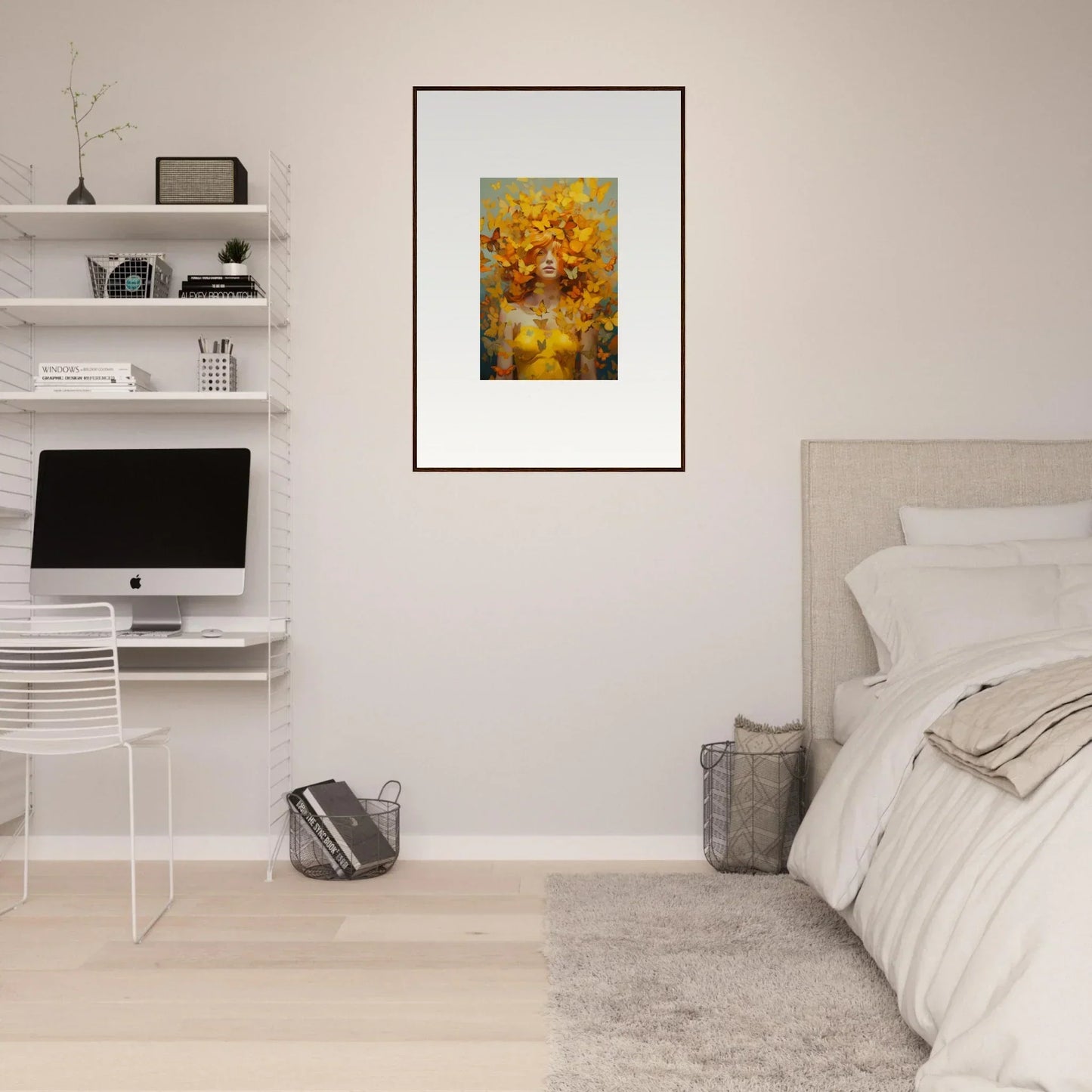 Framed abstract floral painting in yellow and orange hues for vibrant room decor