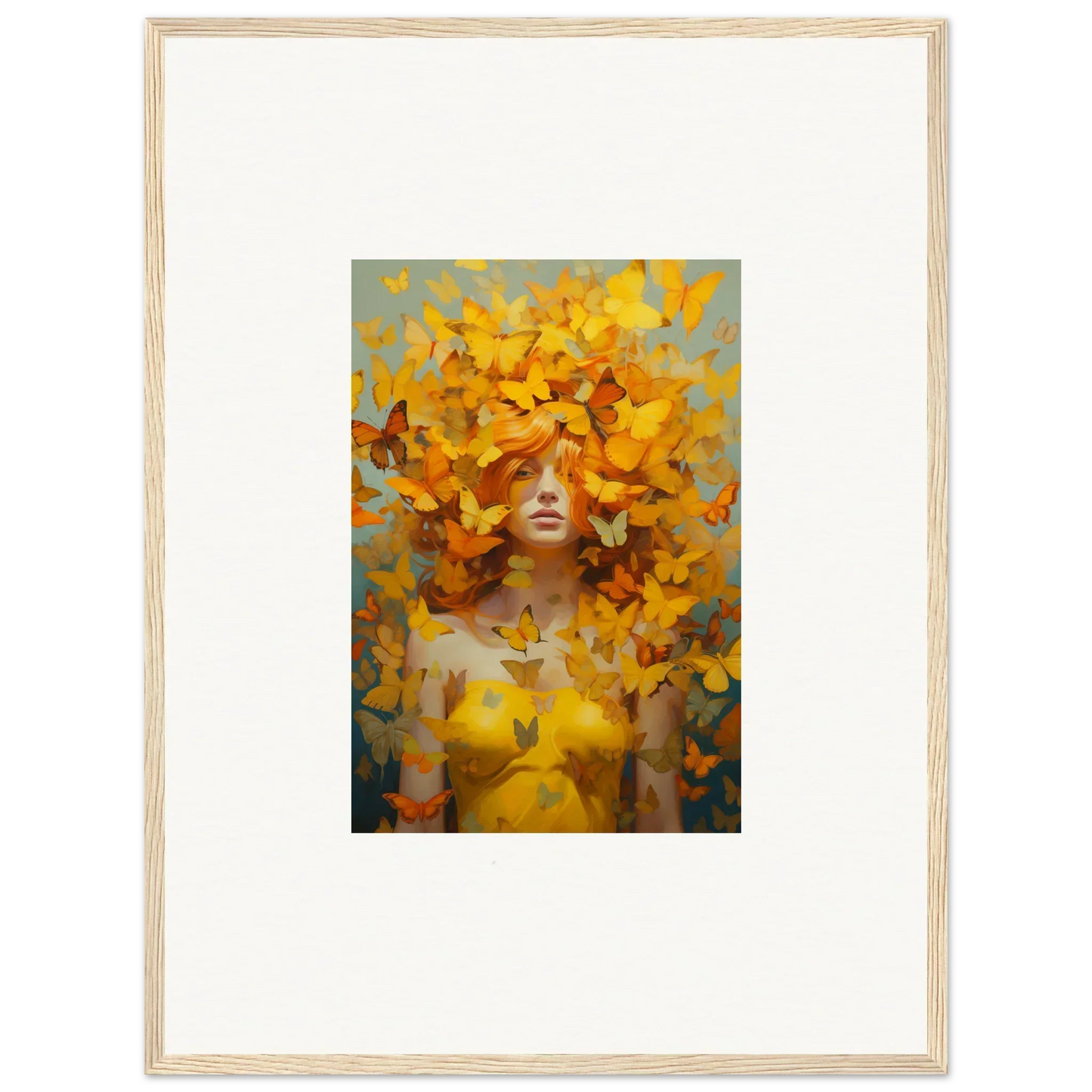 Framed wall art of a figure with vibrant yellow butterflies in Mindscape Symphony decor