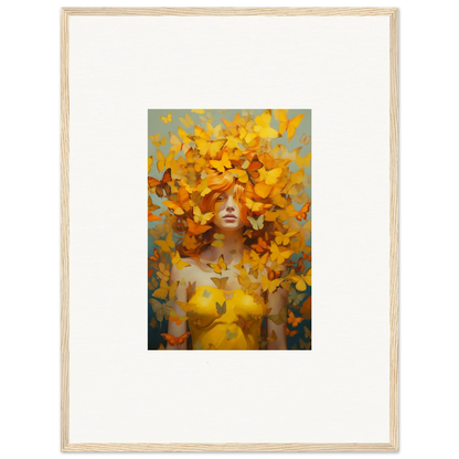 Framed wall art of a figure with vibrant yellow butterflies in Mindscape Symphony decor