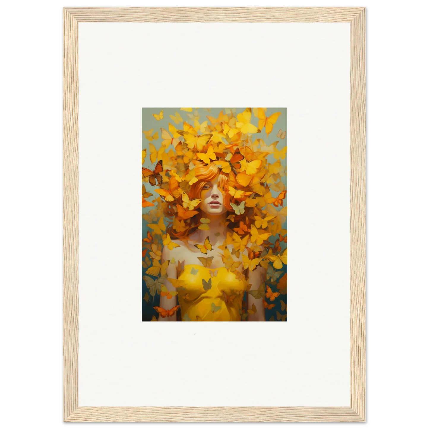 Framed wall art of a figure with yellow butterflies for a vibrant mindscape symphony