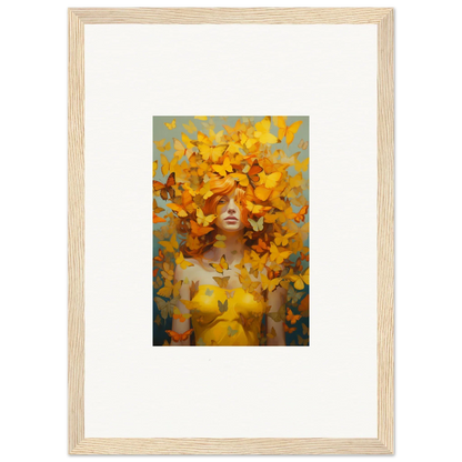 Framed wall art of a figure with yellow butterflies for a vibrant mindscape symphony