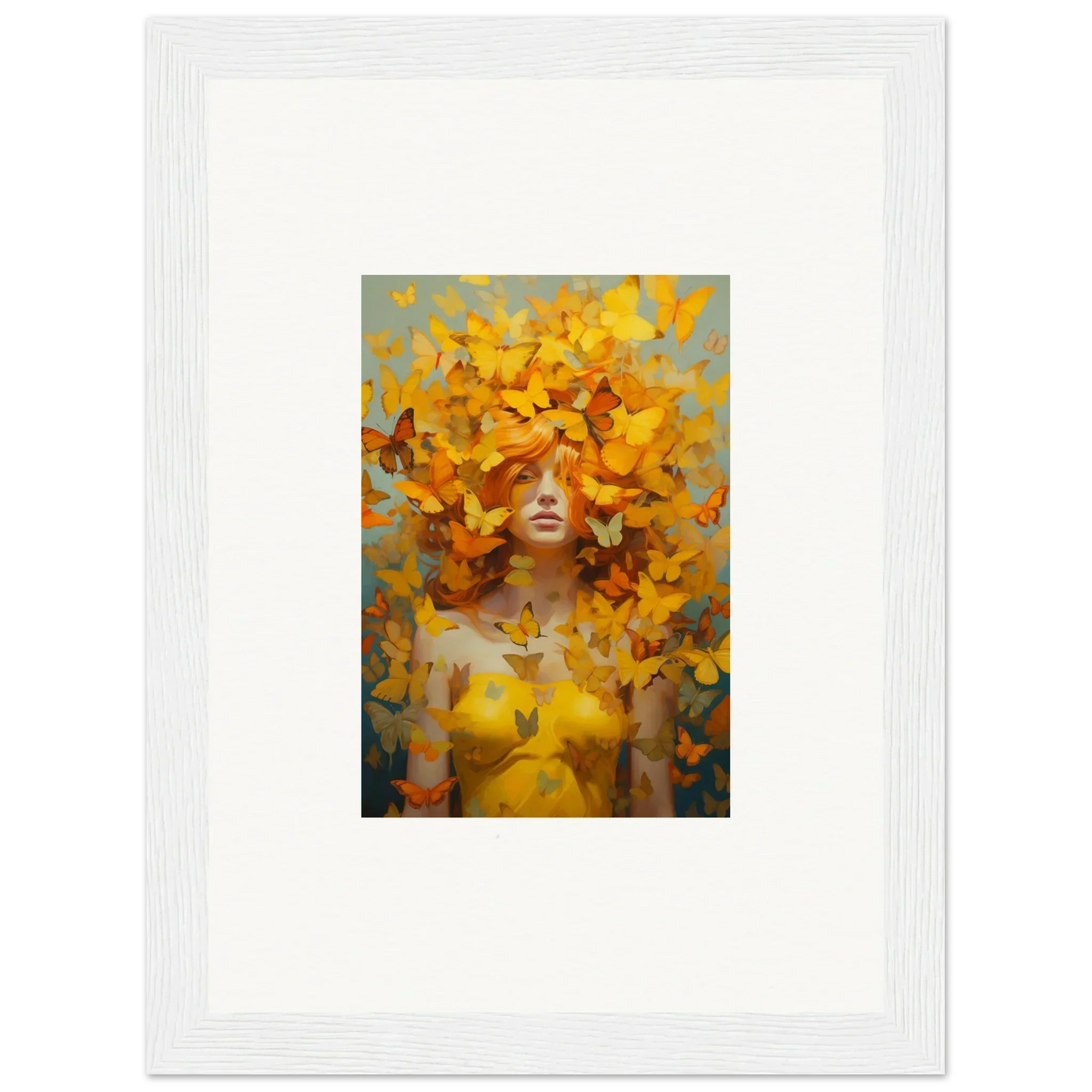 Painting of a figure with yellow butterflies for Butterfly Mindscape Symphony framed wall art