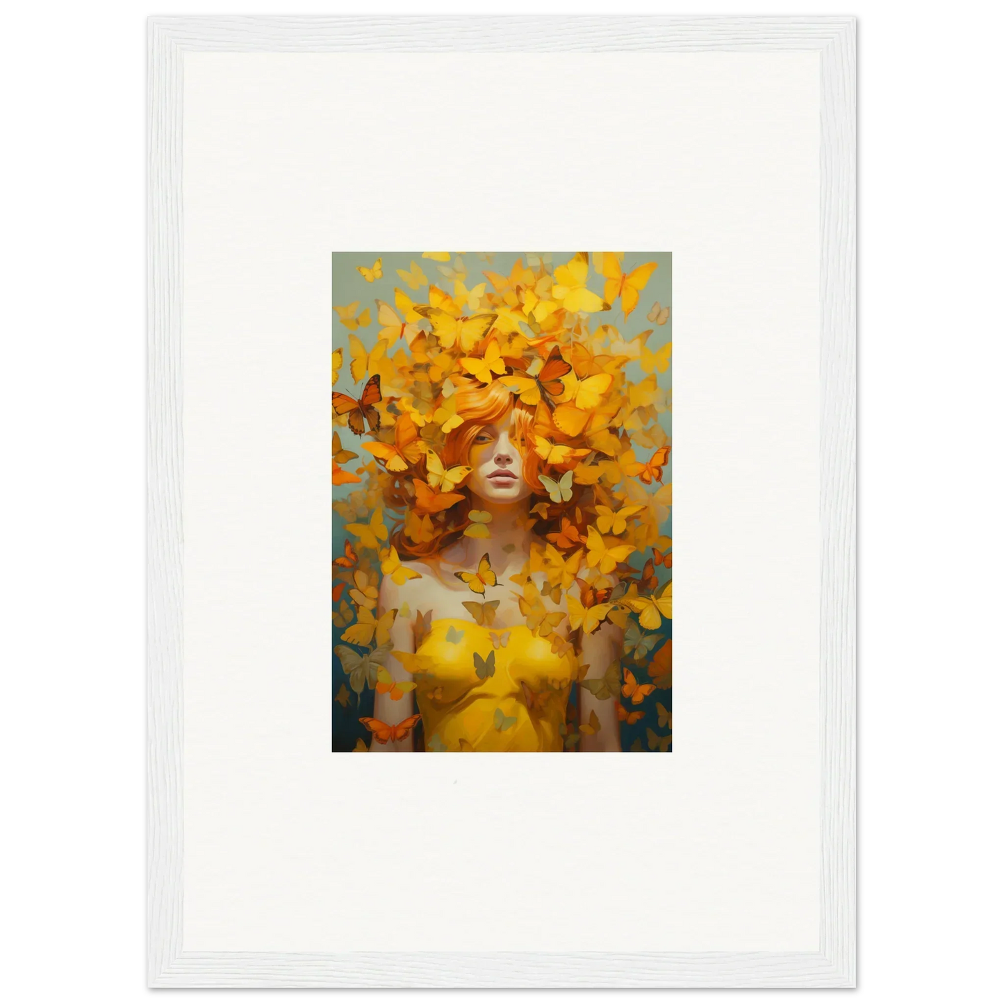 Painting of a figure with yellow butterflies for Butterfly Mindscape Symphony room decor