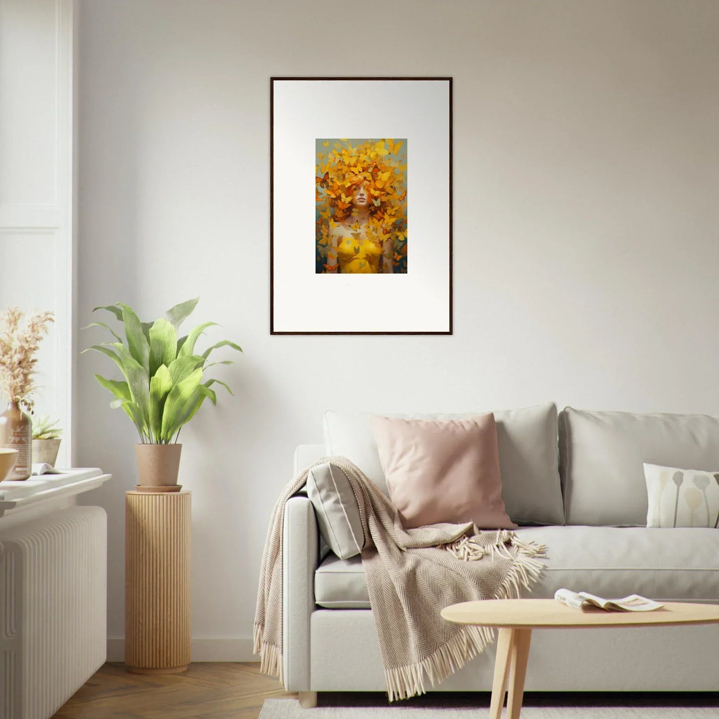 Framed wall art of yellow flowers in a vase for elegant room decor and Mindscape Symphony