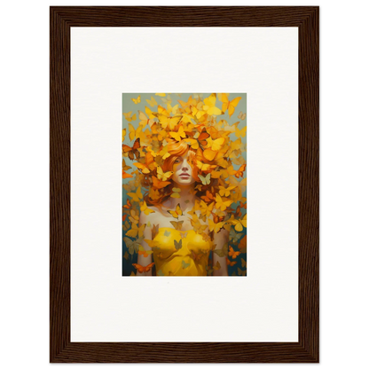 Framed wall art of a figure with yellow butterflies in a Butterfly Mindscape Symphony